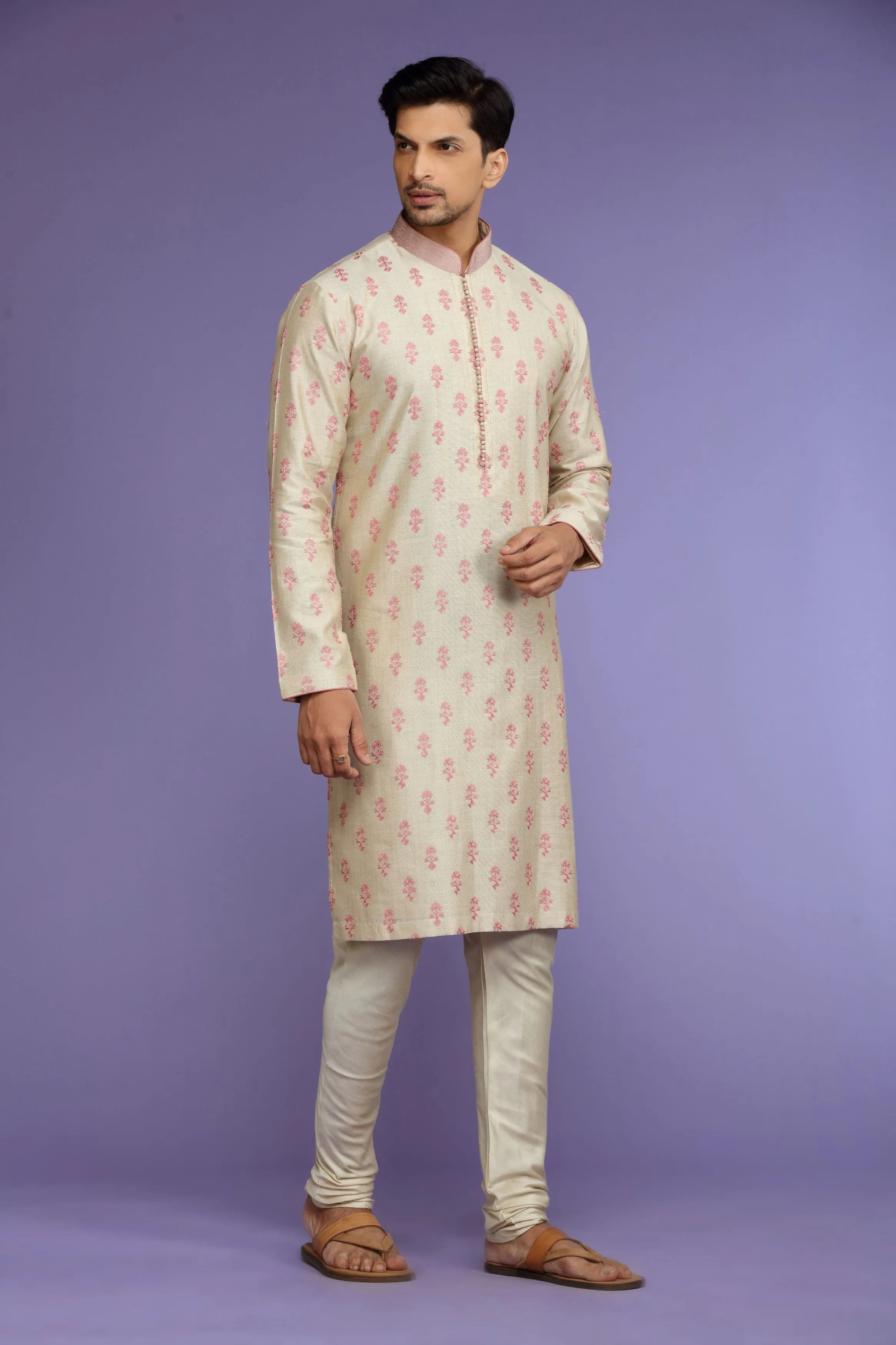 Pink Printed Silk Kurta Set  Designed by Kora (Nilesh Mitesh)