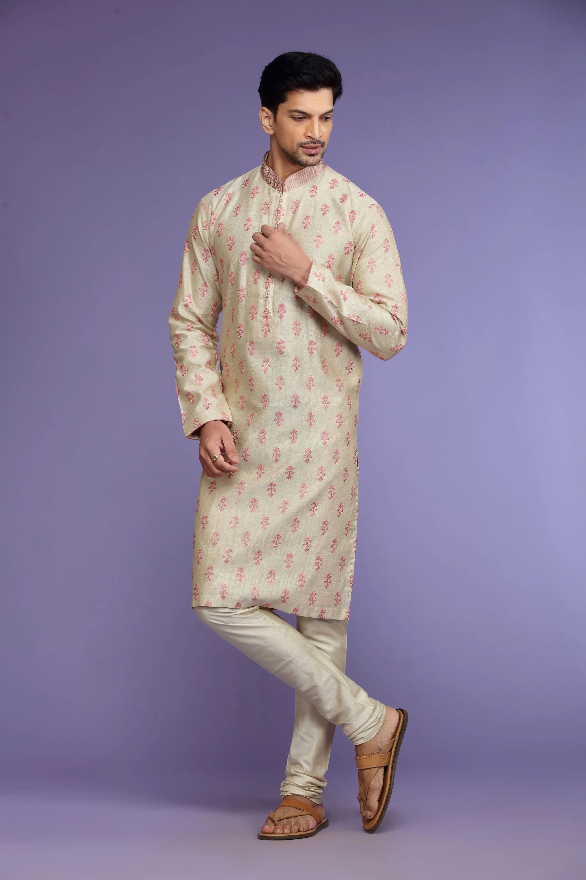 Pink Printed Silk Kurta Set  Designed by Kora (Nilesh Mitesh)