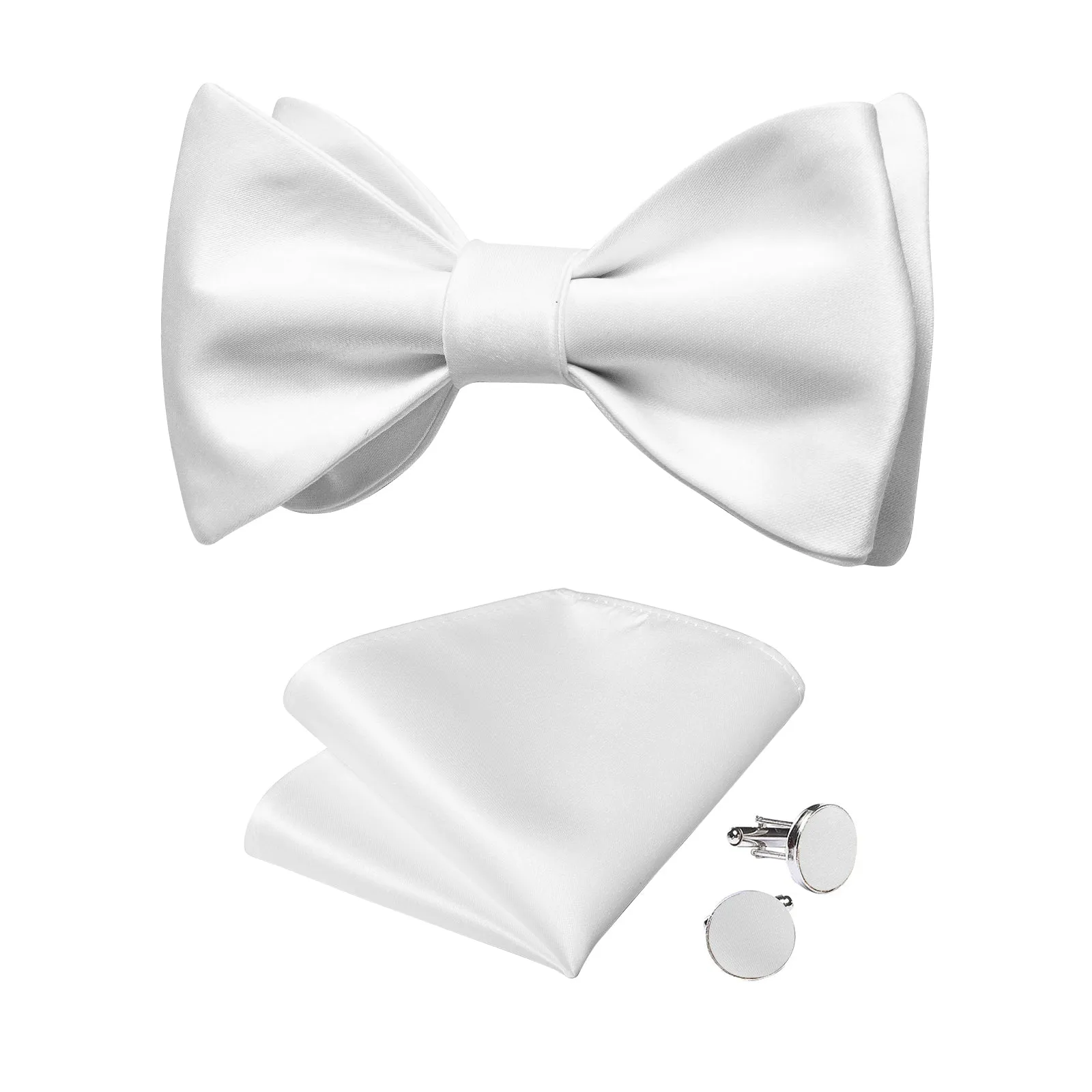 Pure White Solid Self-tied Bow Tie Pocket Square Cufflinks Set