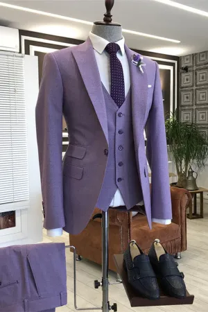 Purple Three Pieces Prom Suits Peaked Lapel Slim Fit Wedding Suits