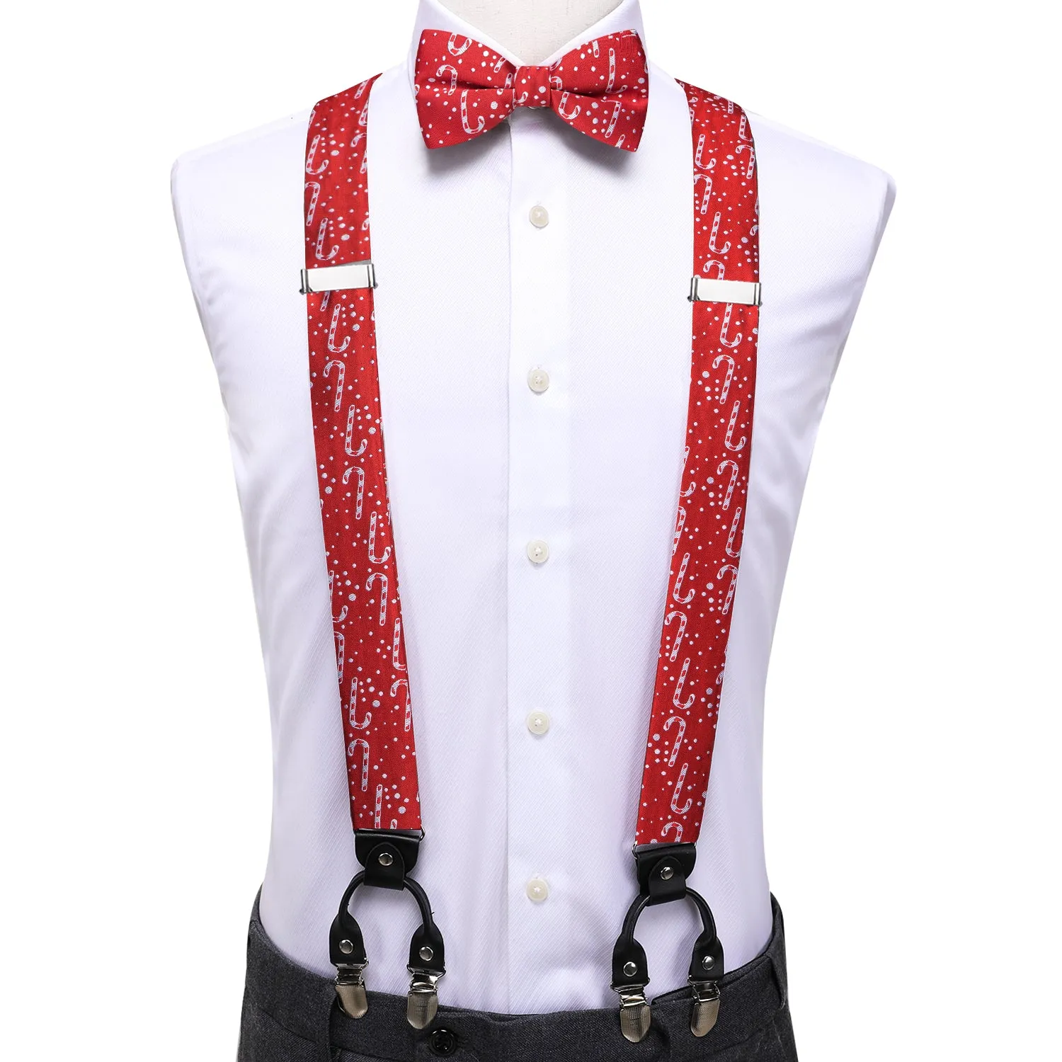 Red Christmas Candy Cane Suspender Bowtie Hanky Cufflinks Set