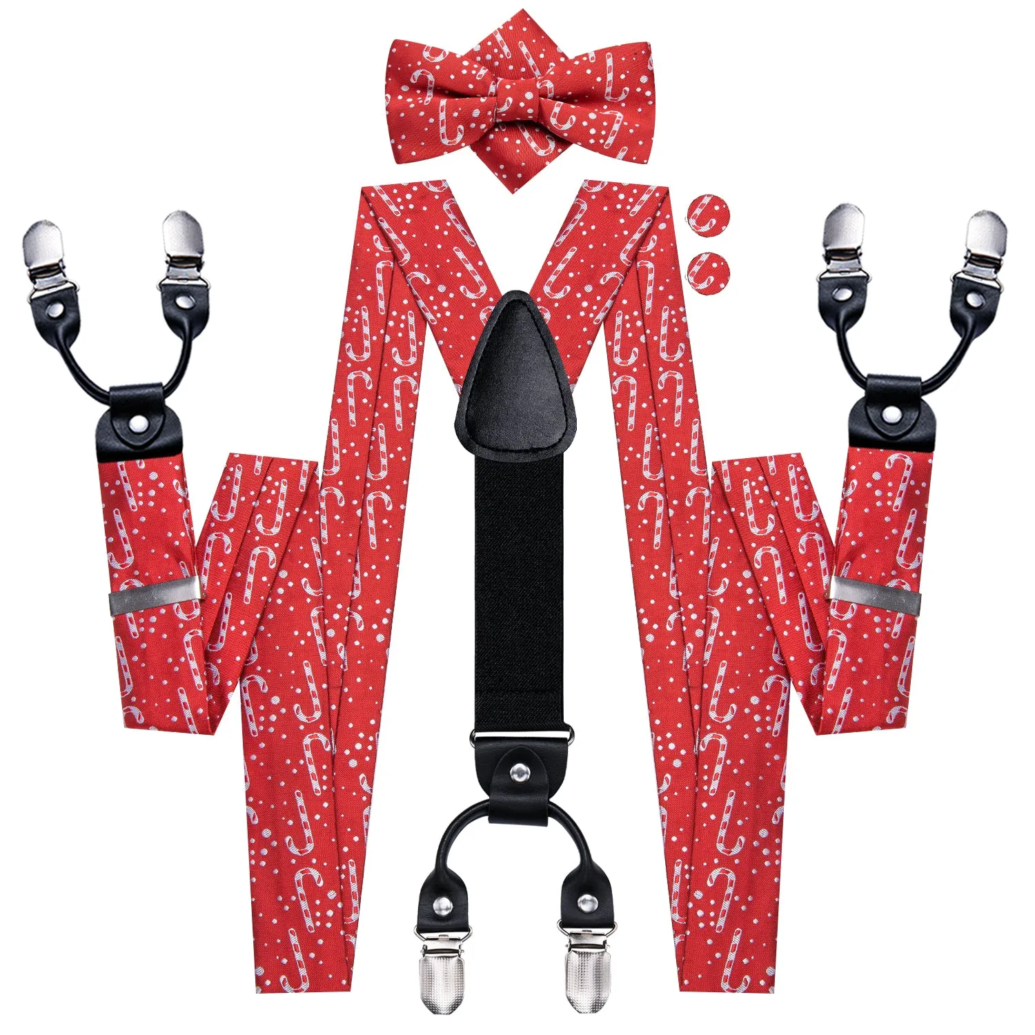 Red Christmas Candy Cane Suspender Bowtie Hanky Cufflinks Set