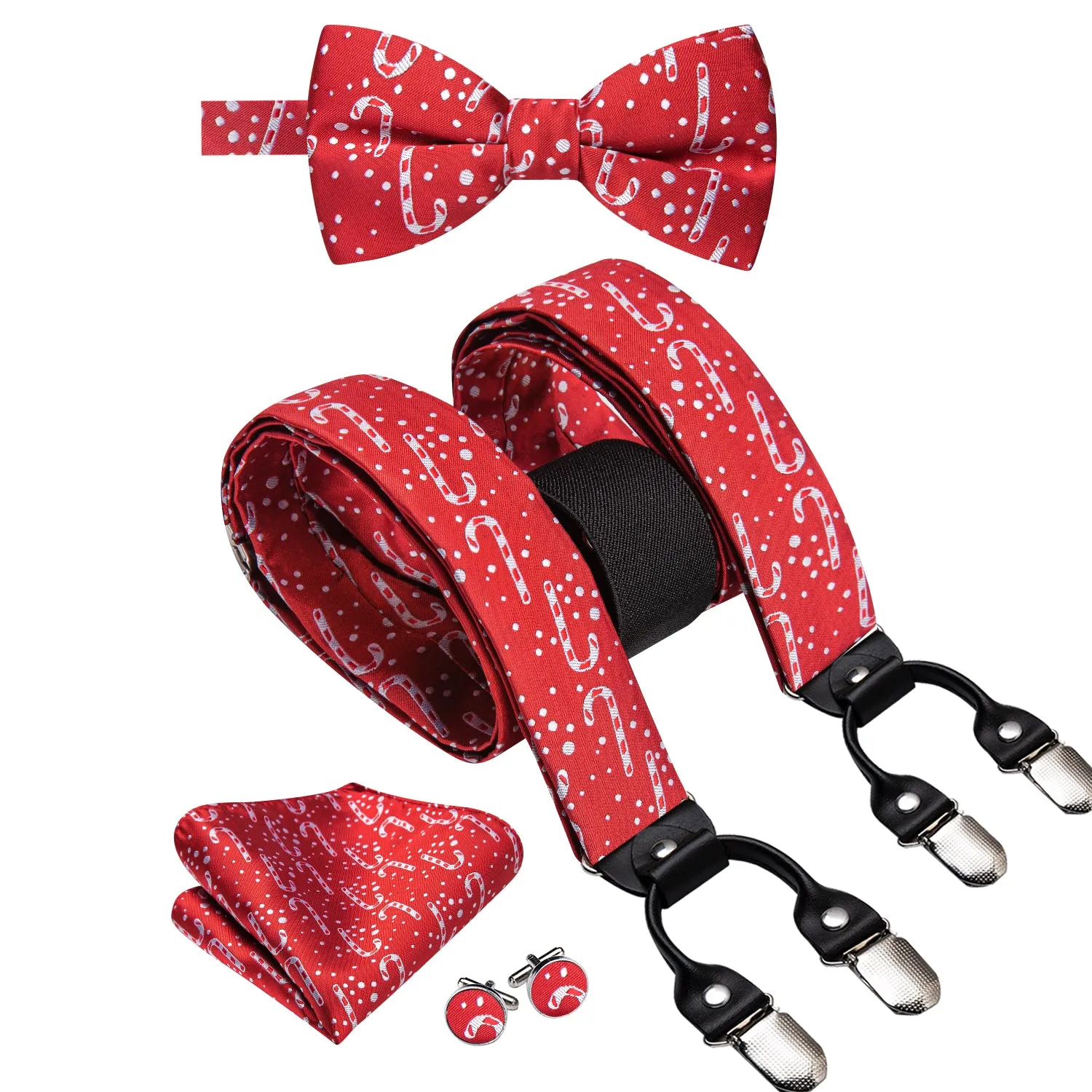 Red Christmas Candy Cane Suspender Bowtie Hanky Cufflinks Set