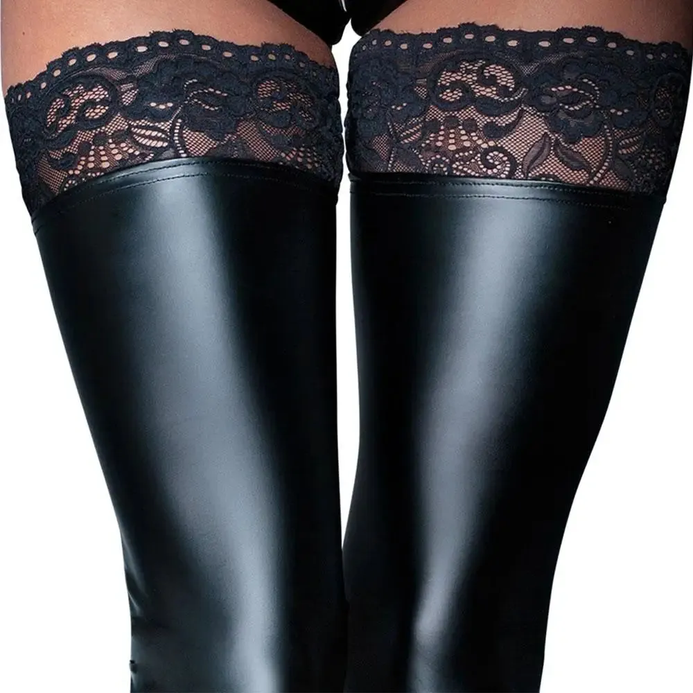 Sexy Wet Look Stretchy Black Footless Lace Top Stockings