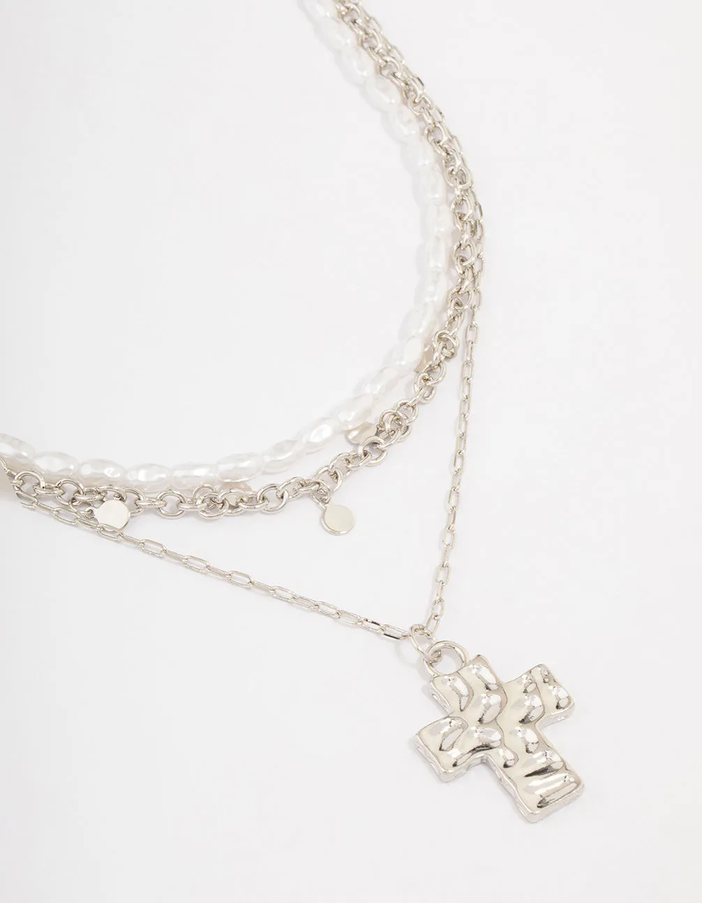 Silver Layered Pearl Cross Necklace