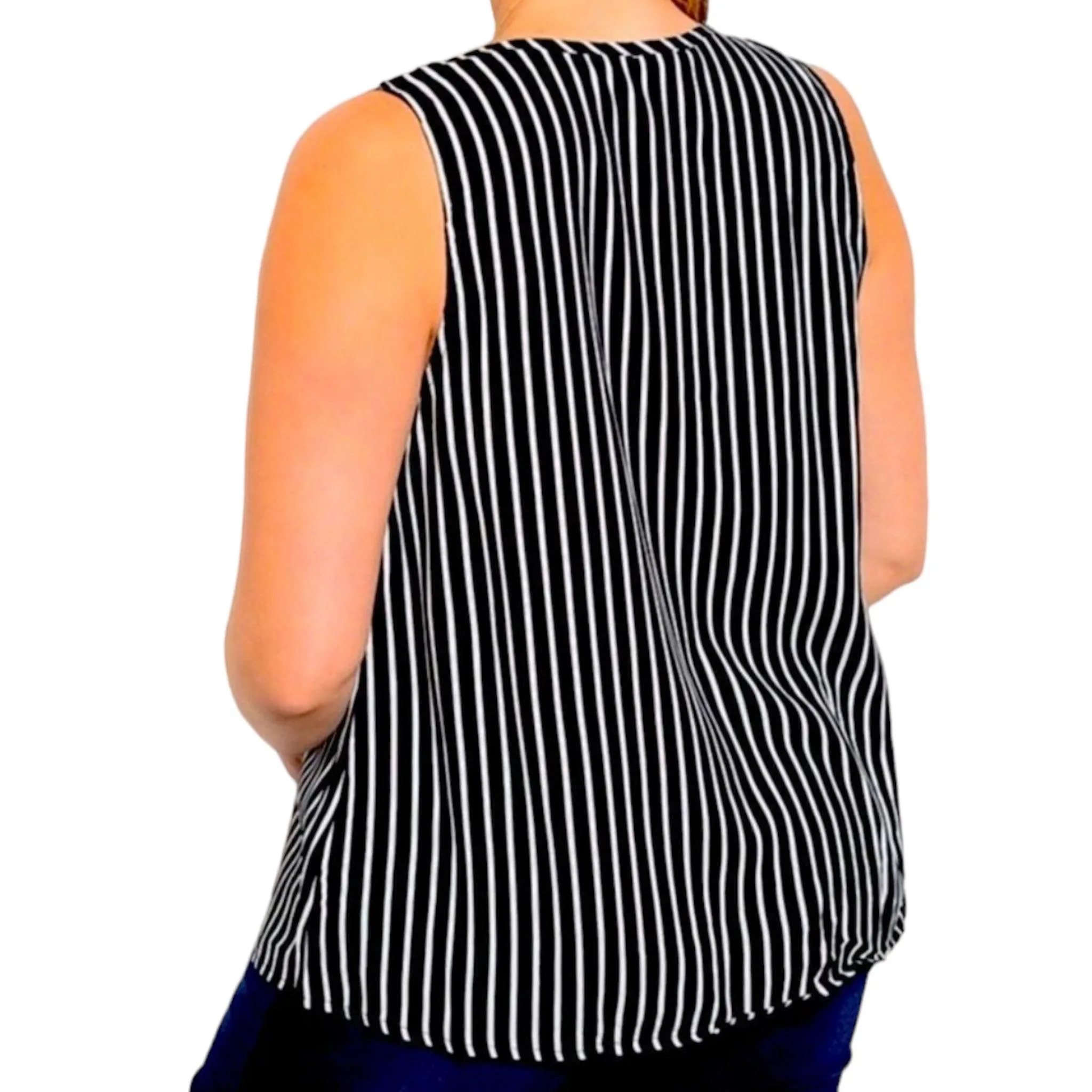 Sleeveless V Neck Vertical Black White Stripes Top