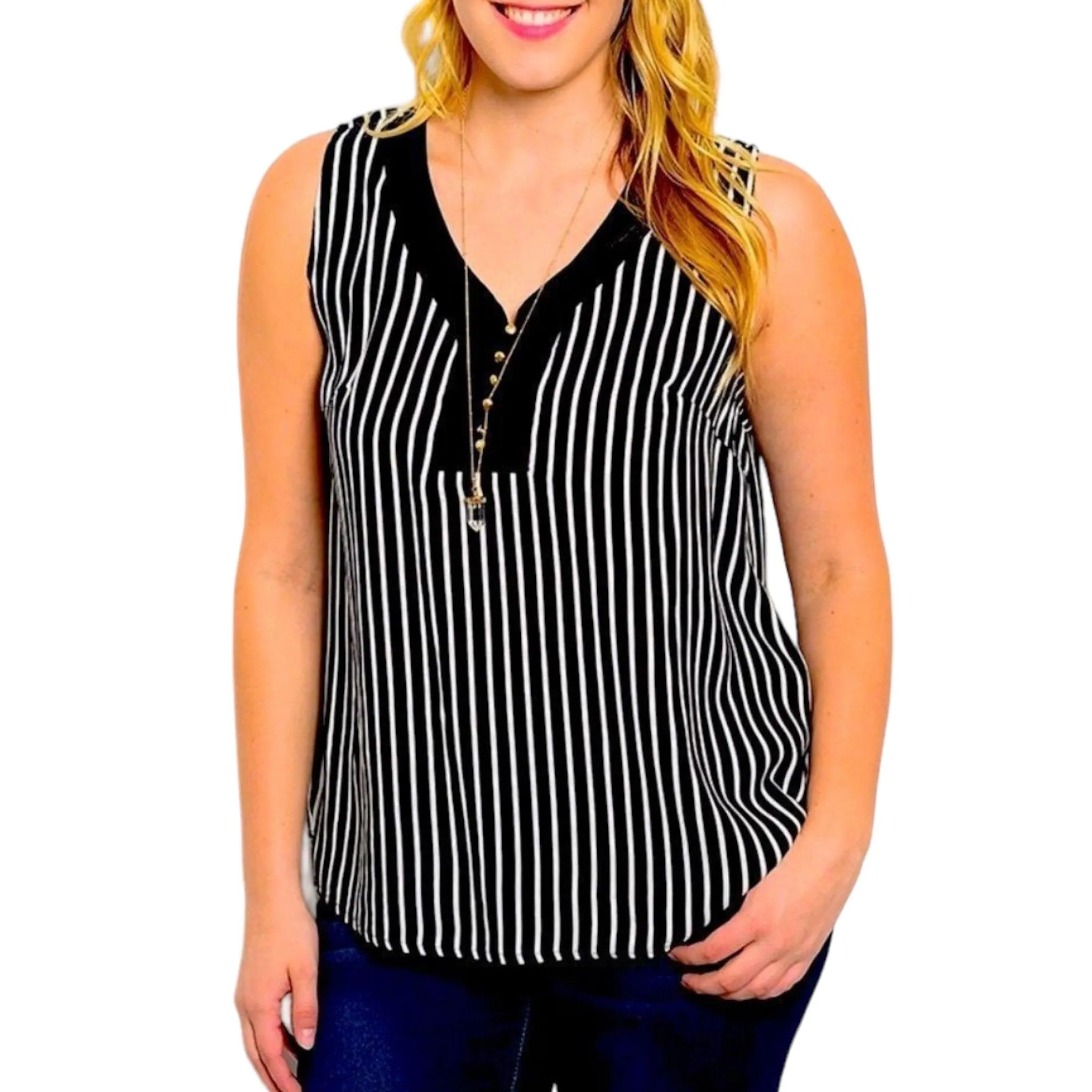 Sleeveless V Neck Vertical Black White Stripes Top