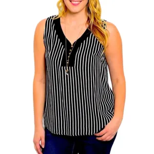 Sleeveless V Neck Vertical Black White Stripes Top