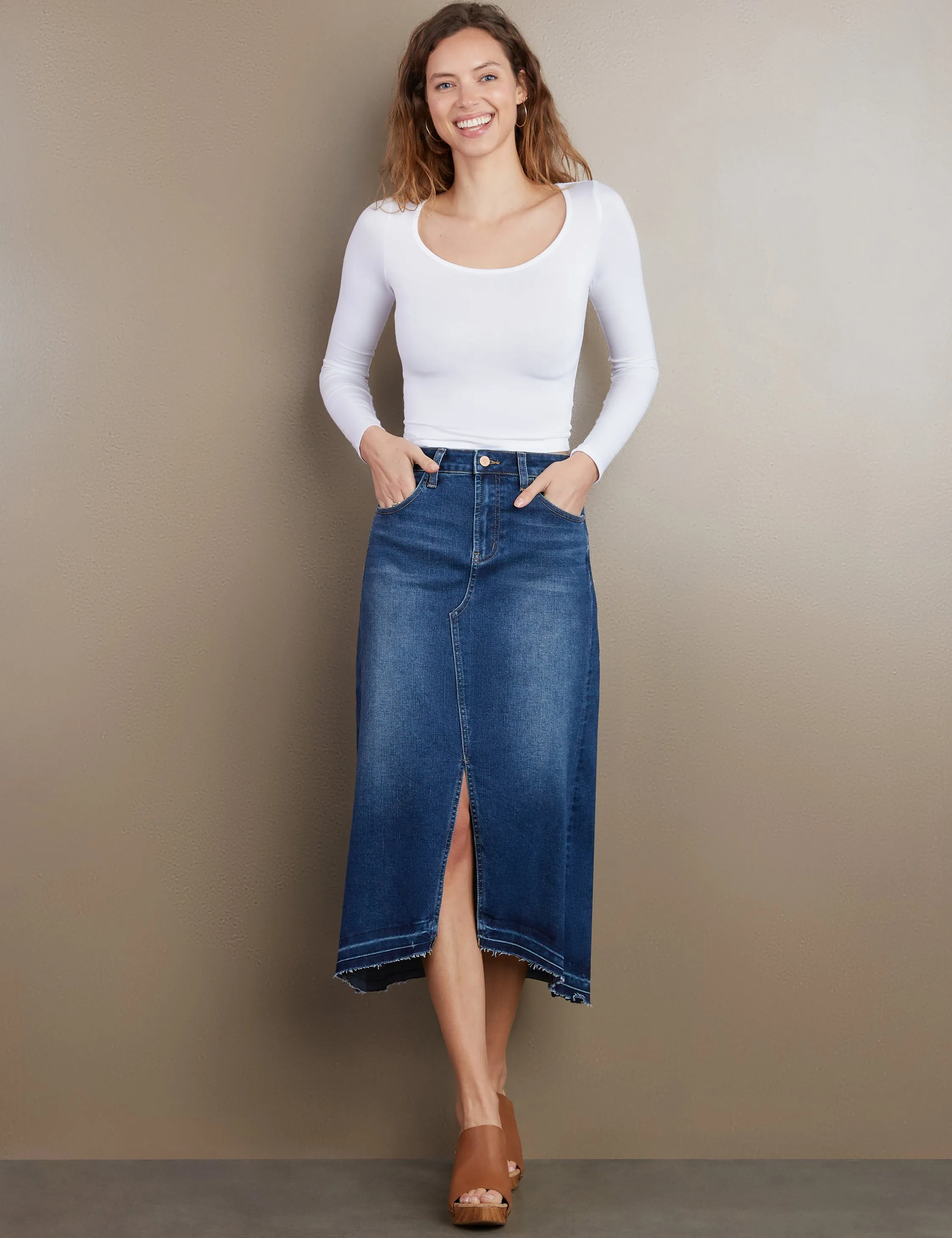 Slit Front Midi Denim Skirt