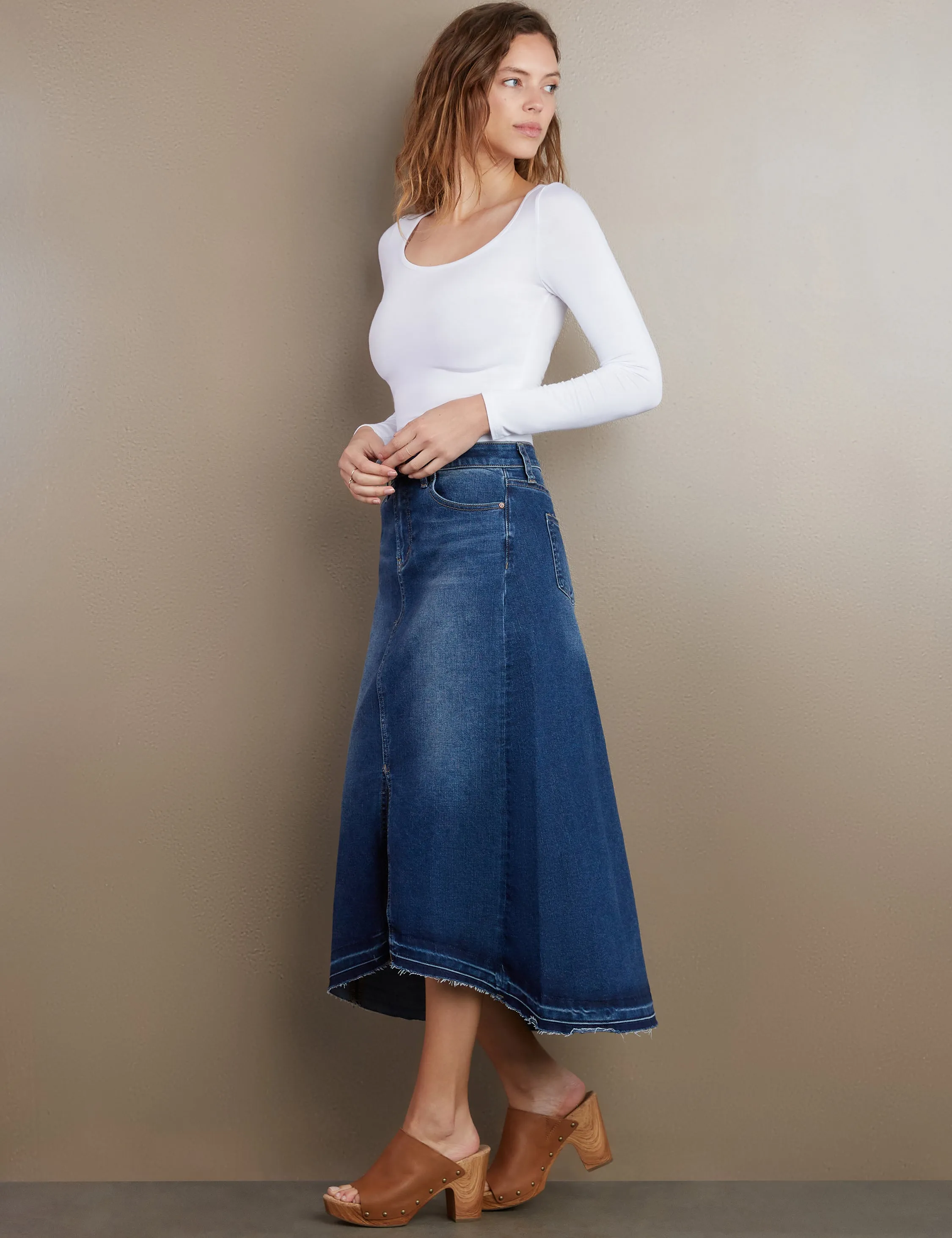 Slit Front Midi Denim Skirt