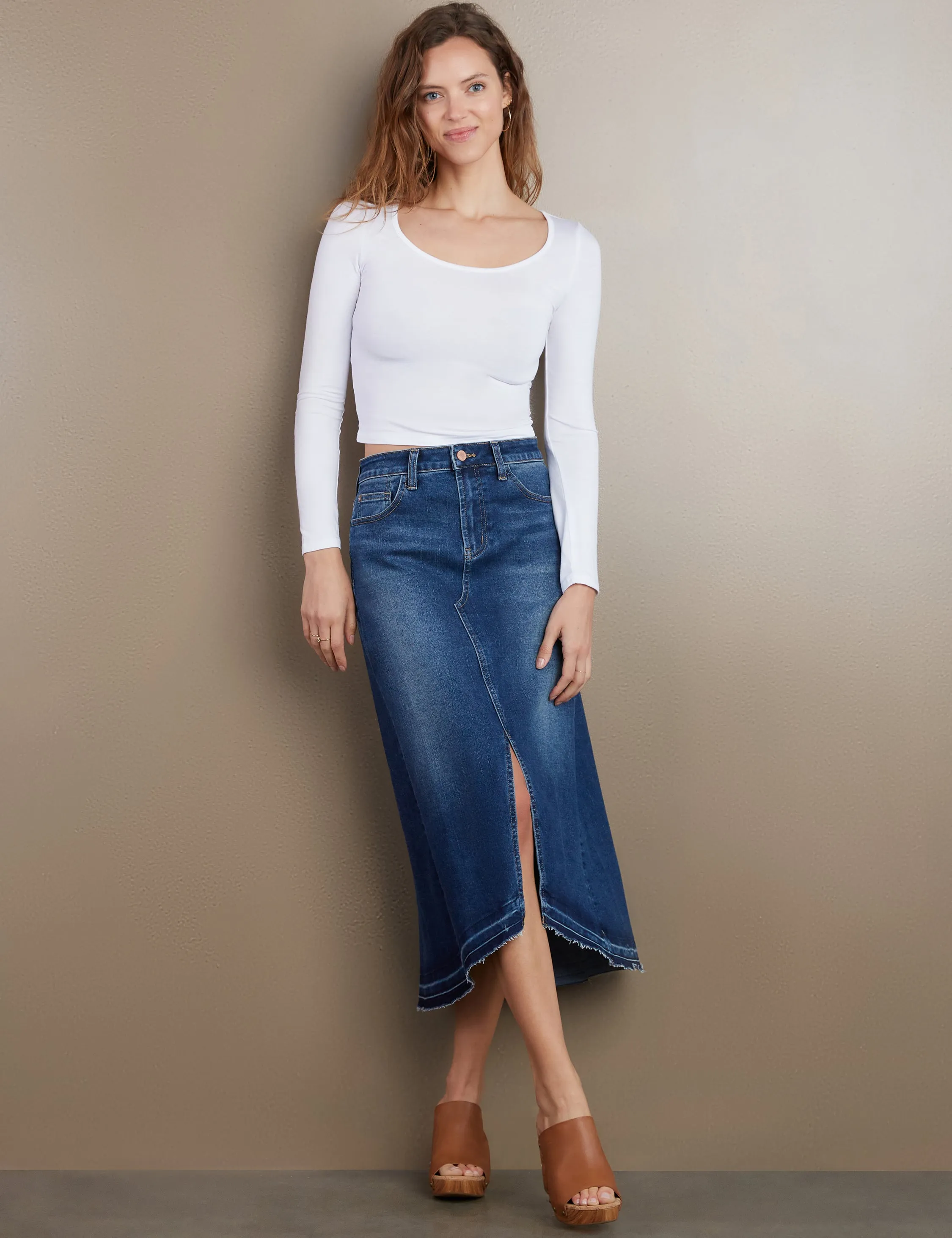 Slit Front Midi Denim Skirt