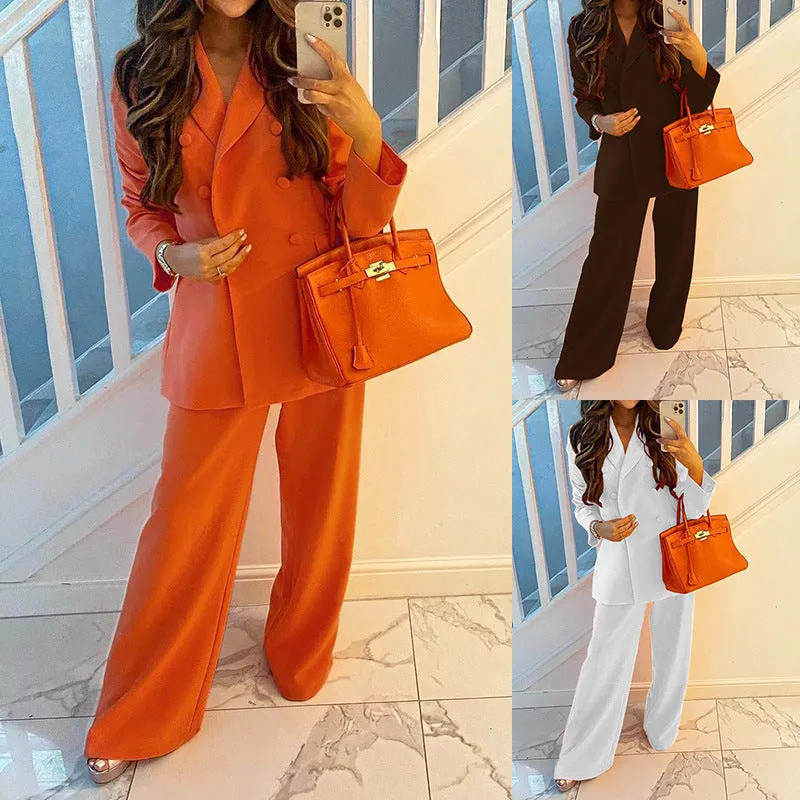 Solid Color Blazer Casual Wide Leg Pants Suit