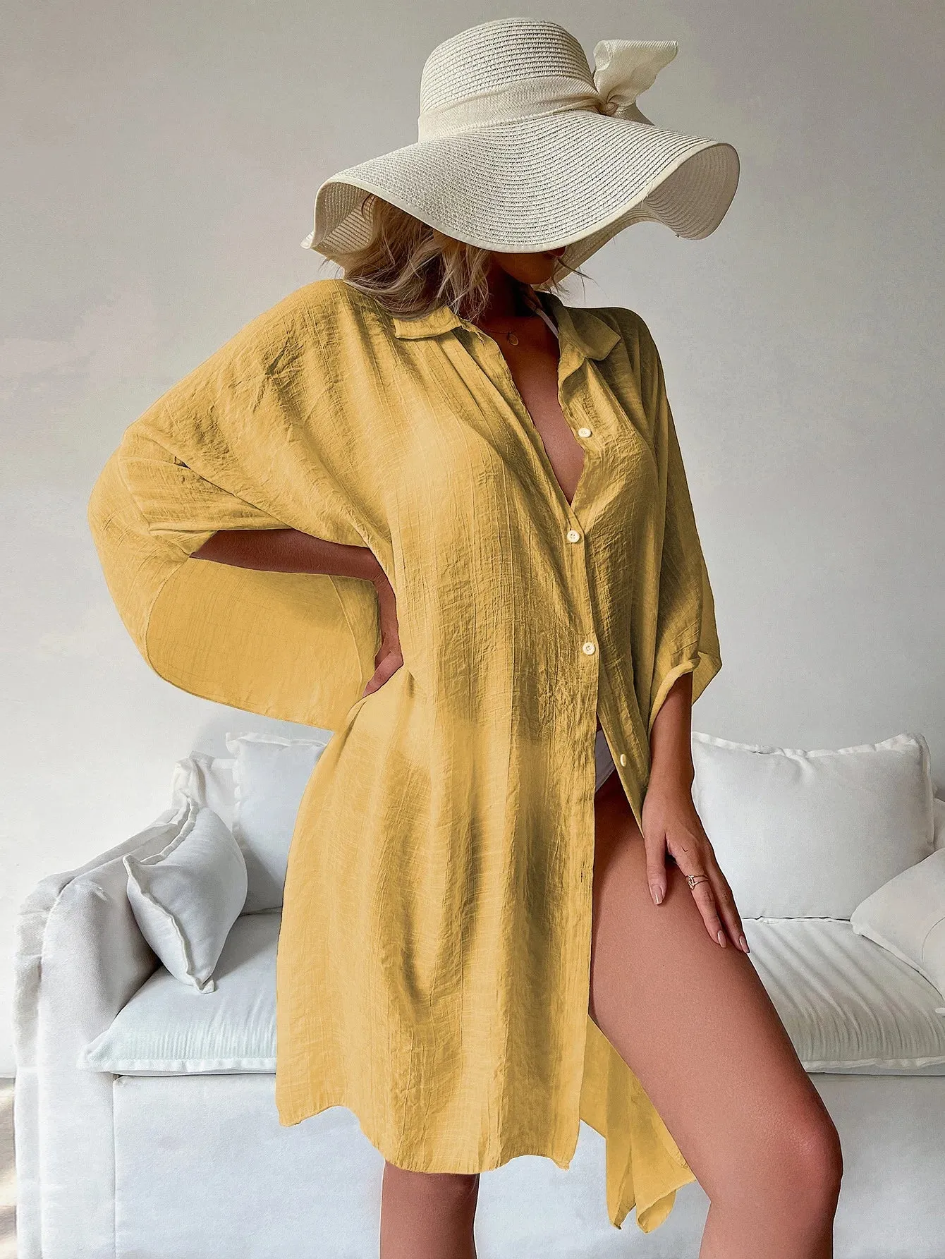 Stay Stylish and Comfortable at the Beach with Our Batwing Sleeve Beach Shirt Cover-Up