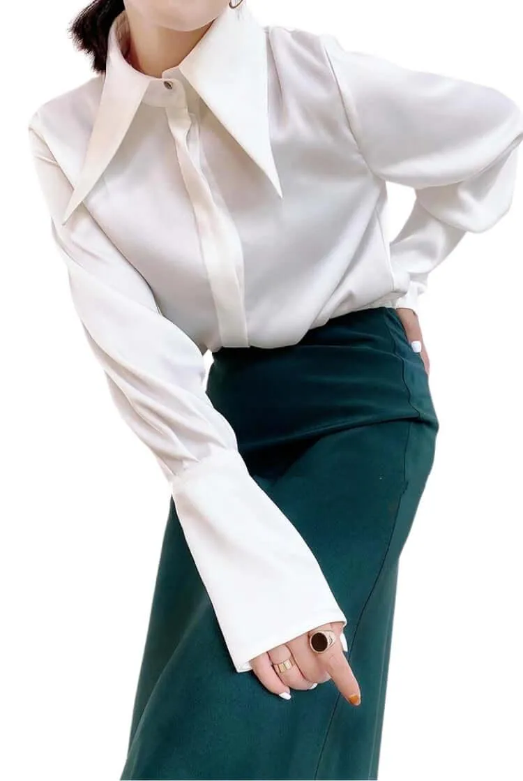 Stylish Elegant Turn Down Collar Long Sleeve Satin Shirt