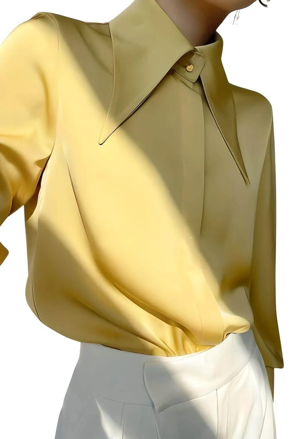 Stylish Elegant Turn Down Collar Long Sleeve Satin Shirt