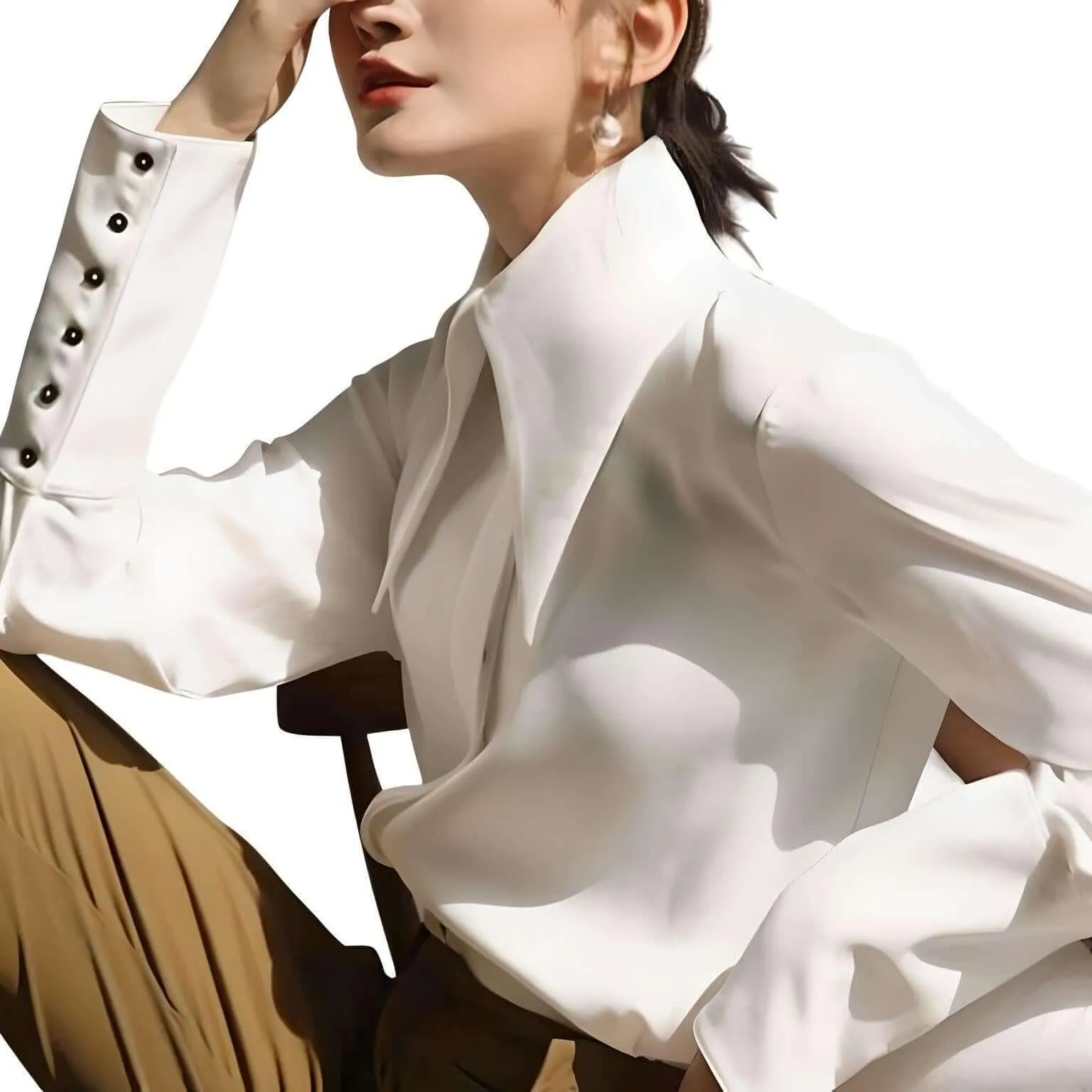 Stylish Elegant Turn Down Collar Long Sleeve Satin Shirt