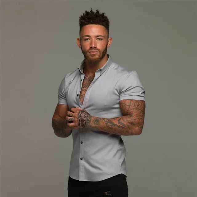 Summer Fashion Short Sleeve Shirt Men Solid Super Slim Fit Male Social Business Dress Shirt Brand Men Gym Fitness Sport Clothing