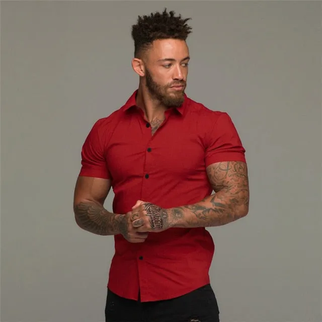 Summer Fashion Short Sleeve Shirt Men Solid Super Slim Fit Male Social Business Dress Shirt Brand Men Gym Fitness Sport Clothing