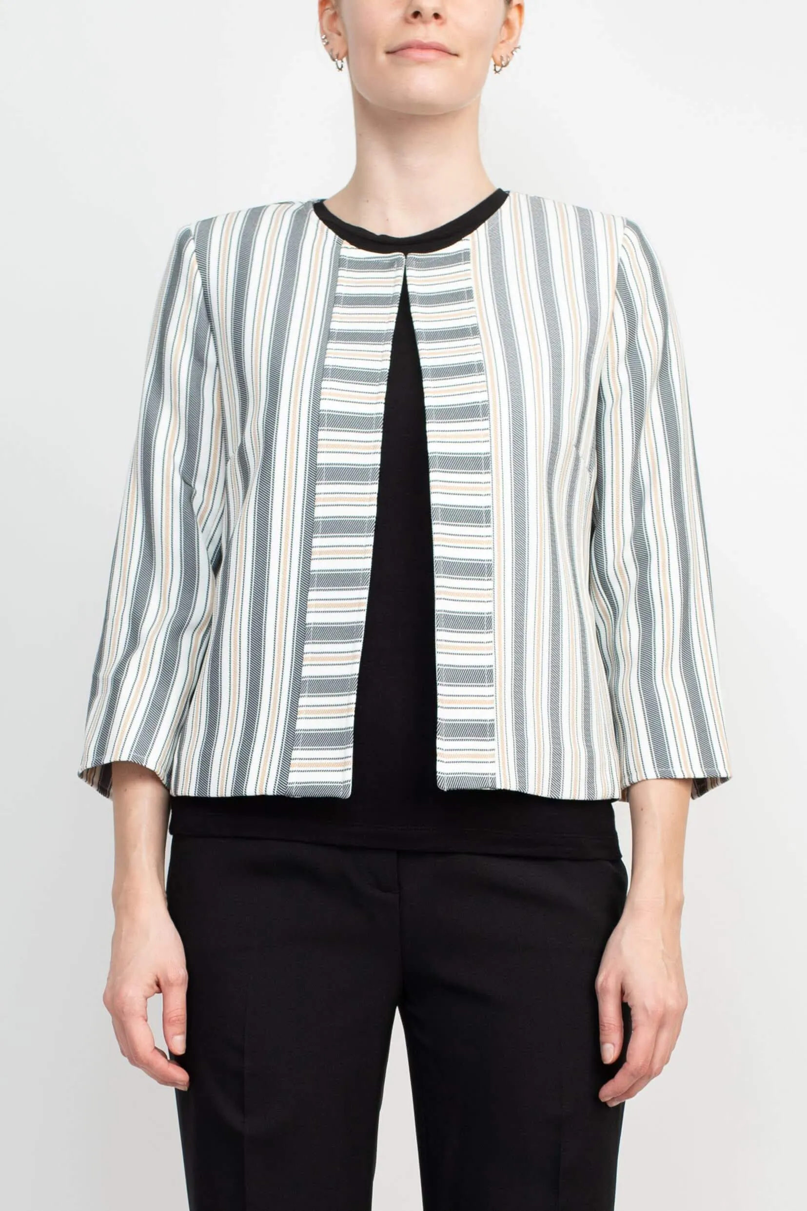 Tahari ASL Crew Neck 3/4 Sleeve Hook & Eye Stripe Print Twill Jacket