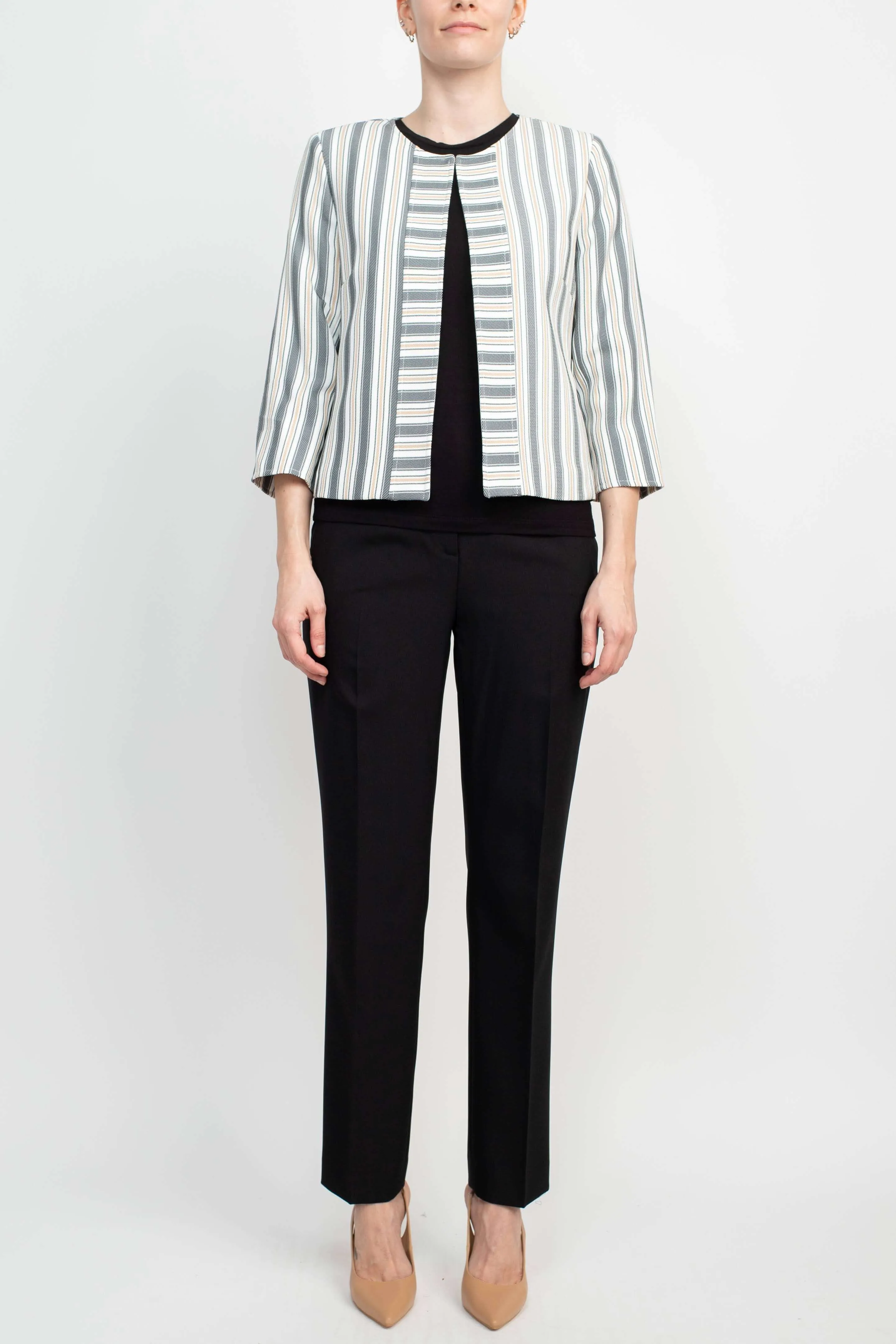 Tahari ASL Crew Neck 3/4 Sleeve Hook & Eye Stripe Print Twill Jacket