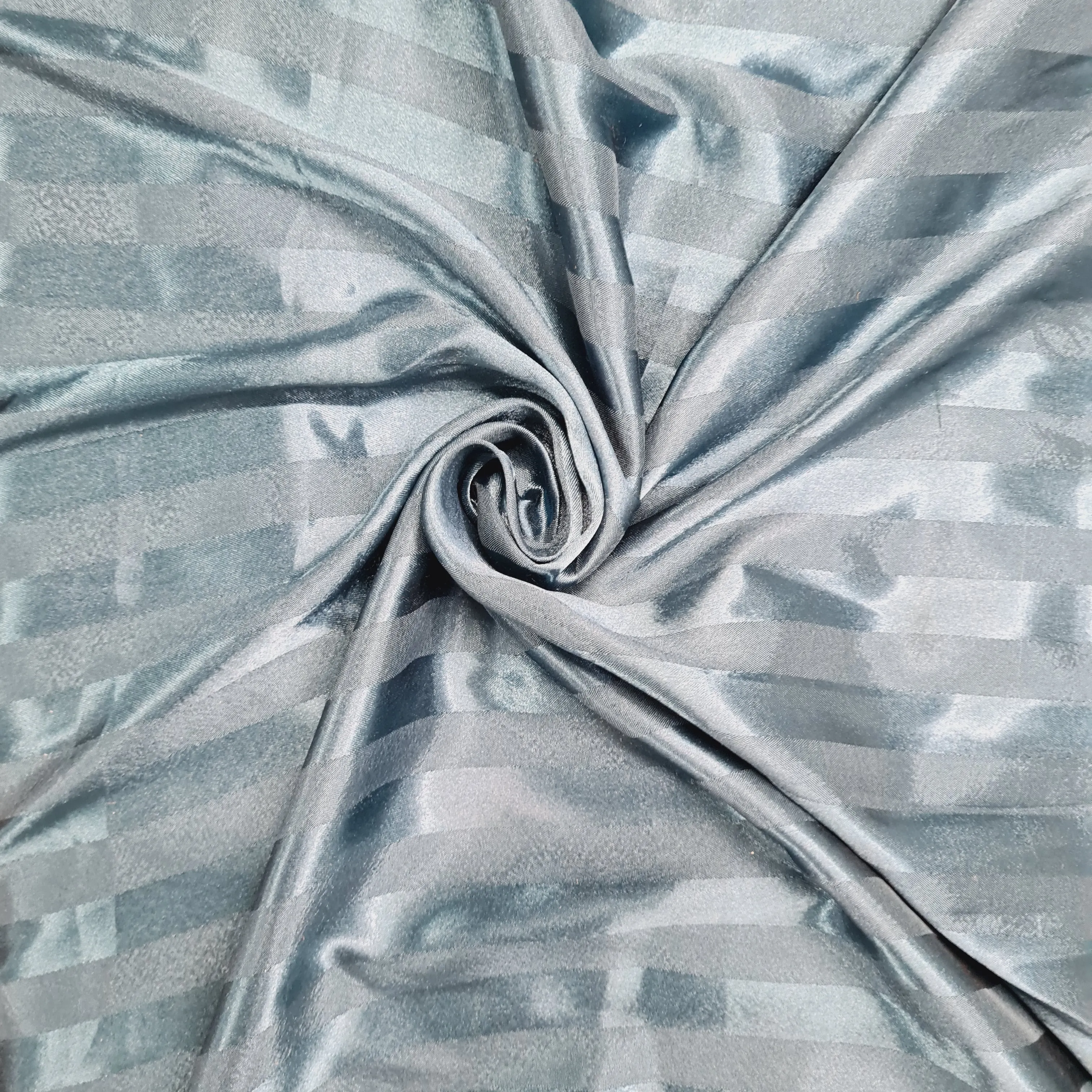 Teal Green Stripe Print Semi Satin Fabric