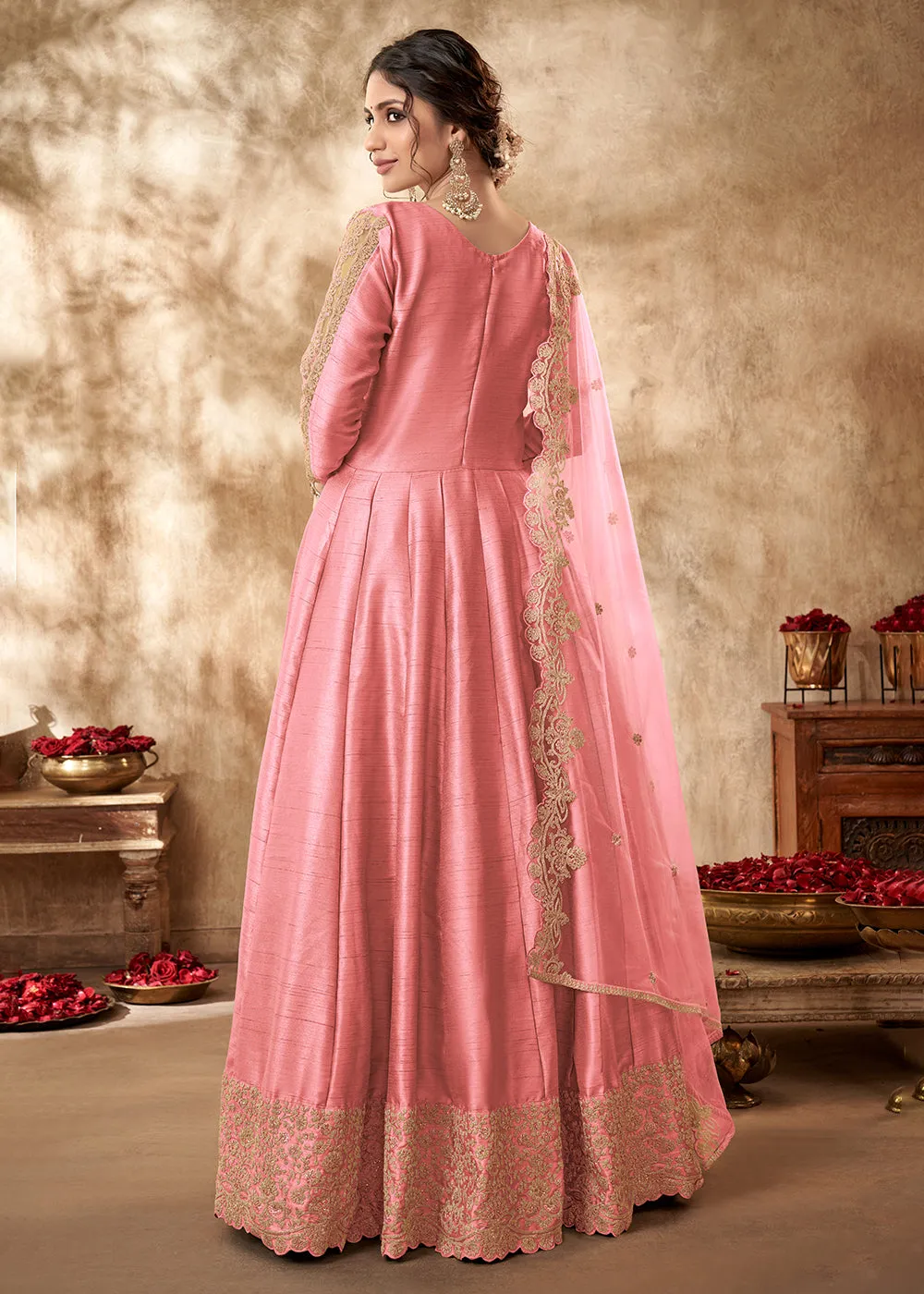 Tempting Salmon Pink Art Silk Zari Embroidered Festive Anarkali Gown