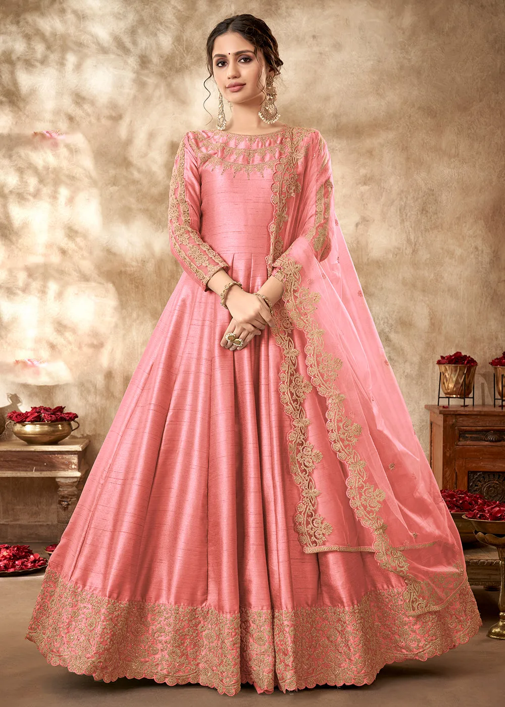 Tempting Salmon Pink Art Silk Zari Embroidered Festive Anarkali Gown