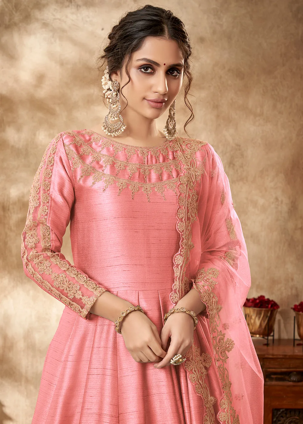 Tempting Salmon Pink Art Silk Zari Embroidered Festive Anarkali Gown