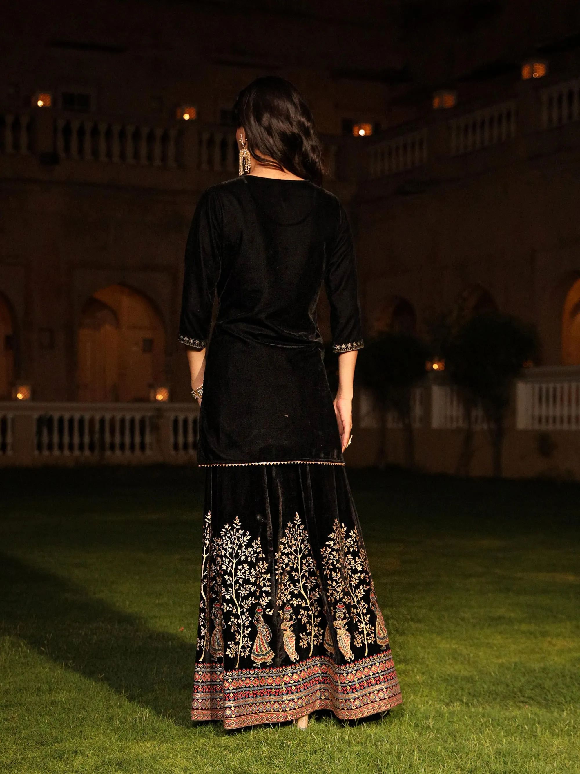 The Sunehri Black Zari Embroidered Velvet Top & Skirt Set With Sequins & Buttons