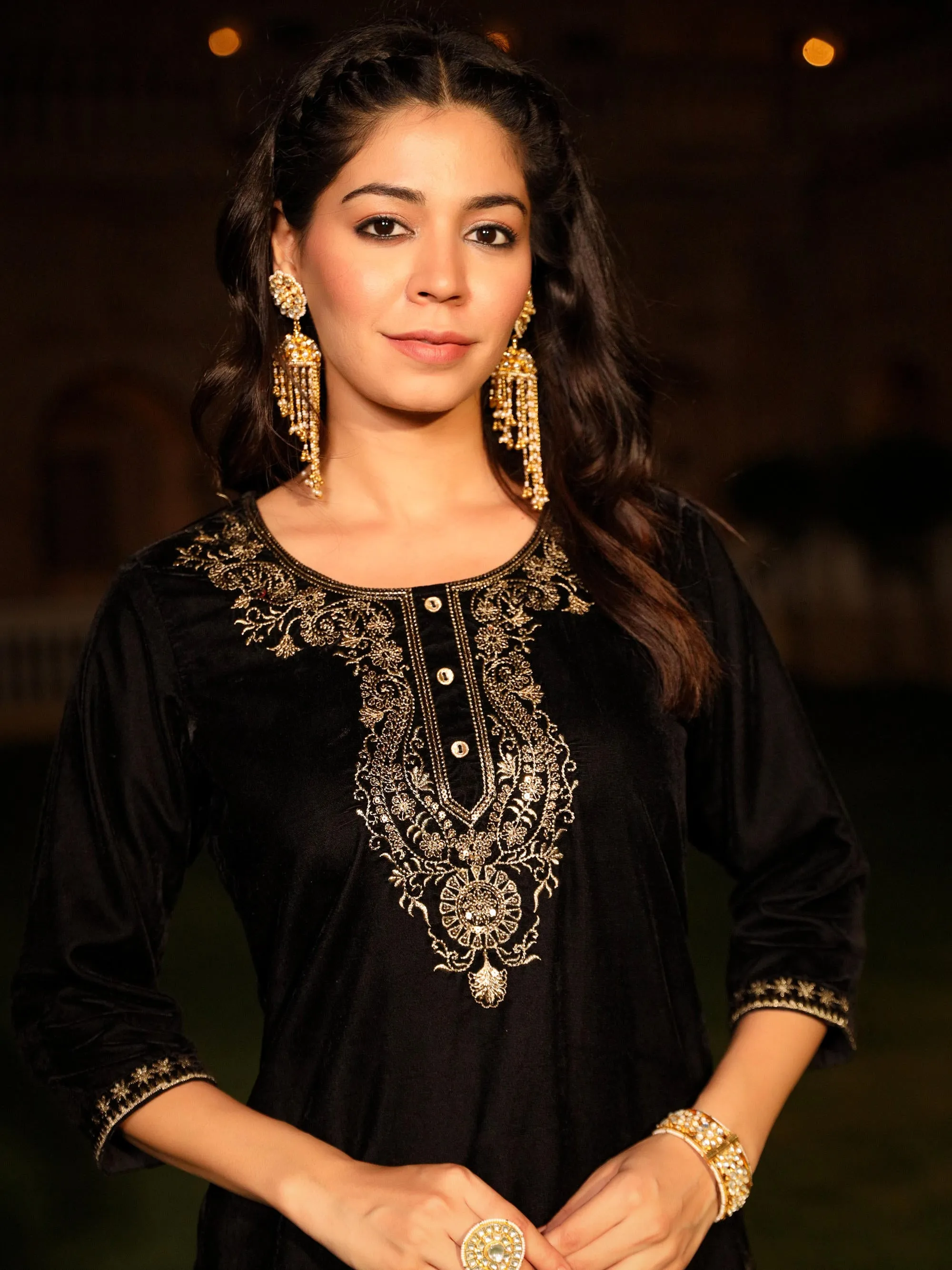 The Sunehri Black Zari Embroidered Velvet Top & Skirt Set With Sequins & Buttons