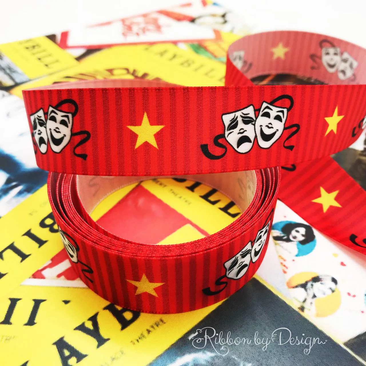 Theater Ribbon masks of Comedy and Tragedy for cast party, actors, actresses, fundraisers, party favors, floral design, printed on 7/8 satin