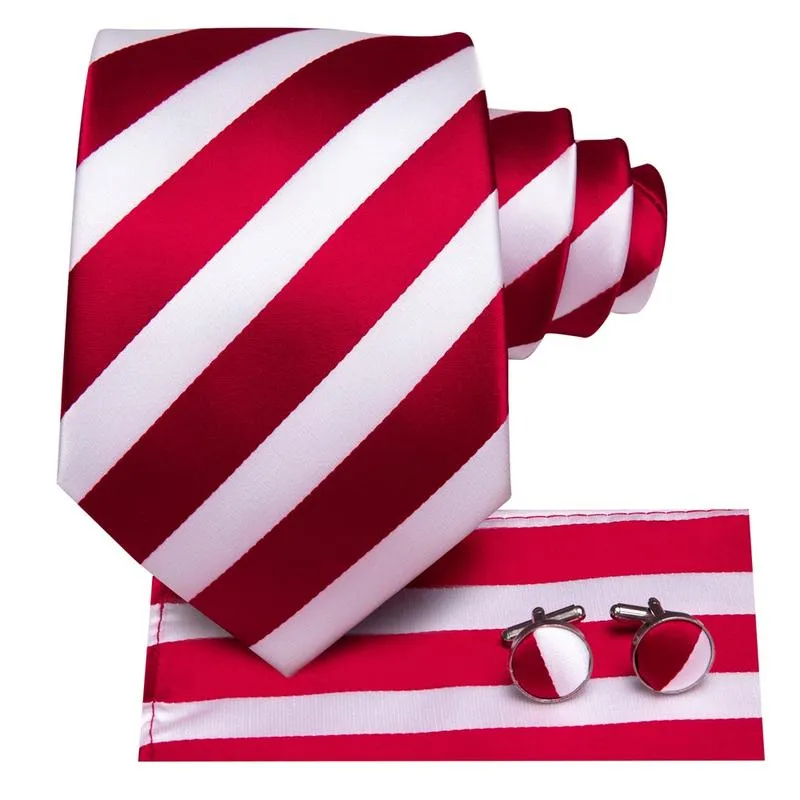 Ties2you Business Tie Red White Striped Tie Pocket Square Cufflinks Set