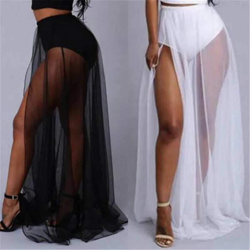 Trendy High Waist Transparent Maxi Style Skirt With Side Split