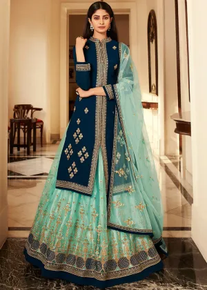 Turquoise Blue Long Kurti Style Embroidered Lehenga