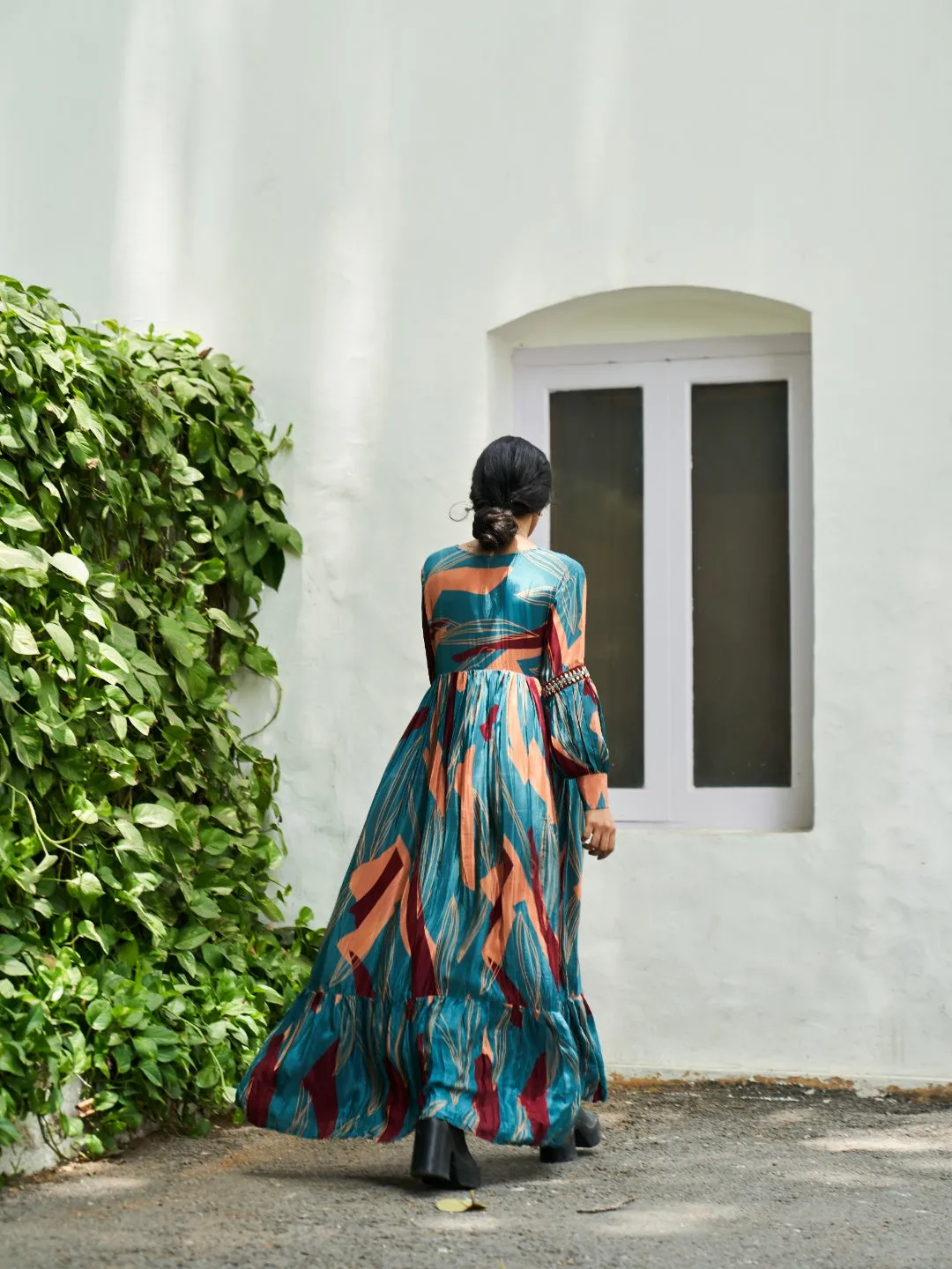 TURQUOISE DIGITAL PRINTED VISCOSE SATIN WITH HAND EMBROIDERY DRESS