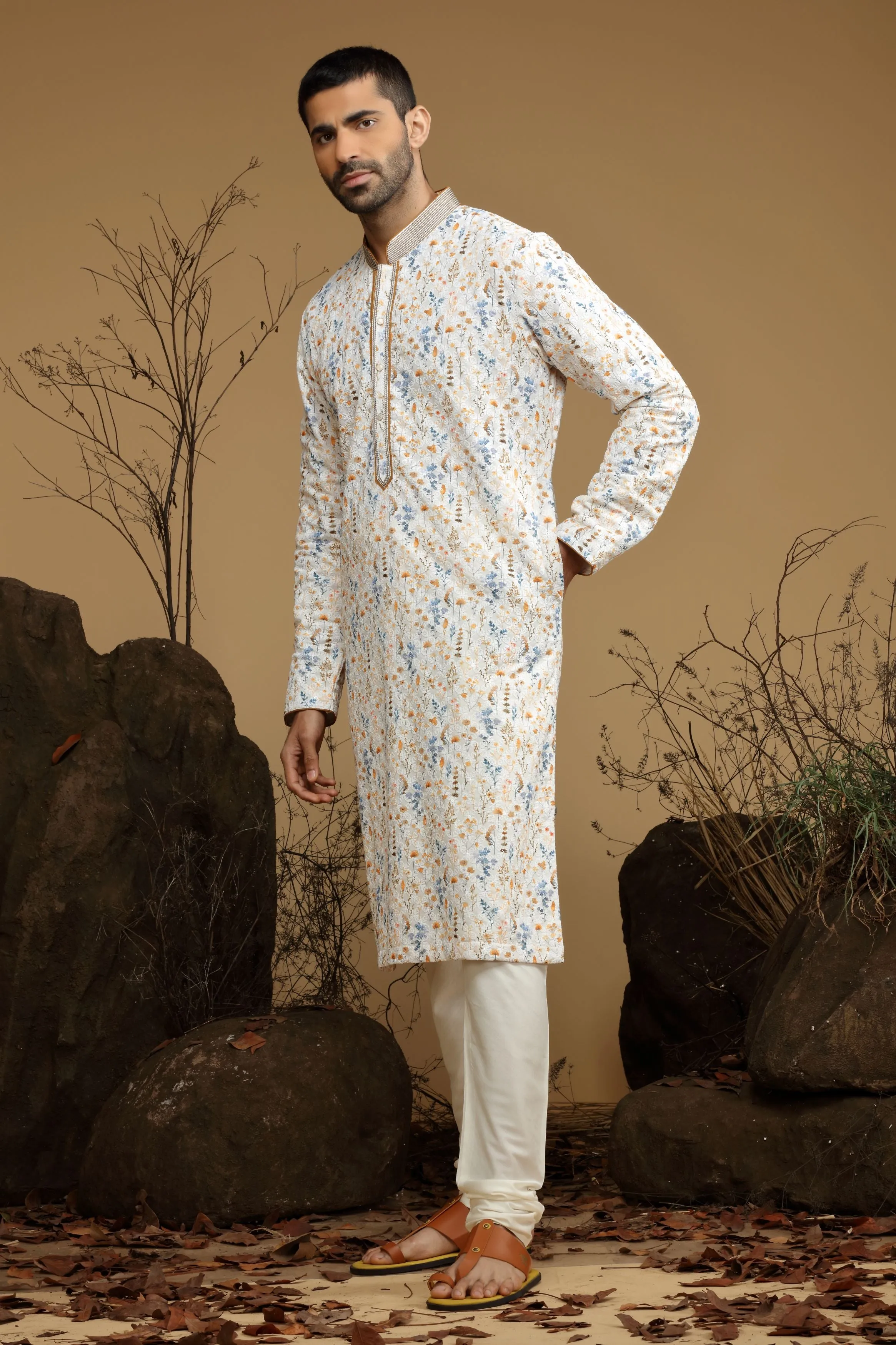 White Floral Yellow Printed Cotton Kurta Set Designed by Kora (Nilesh Mitesh)