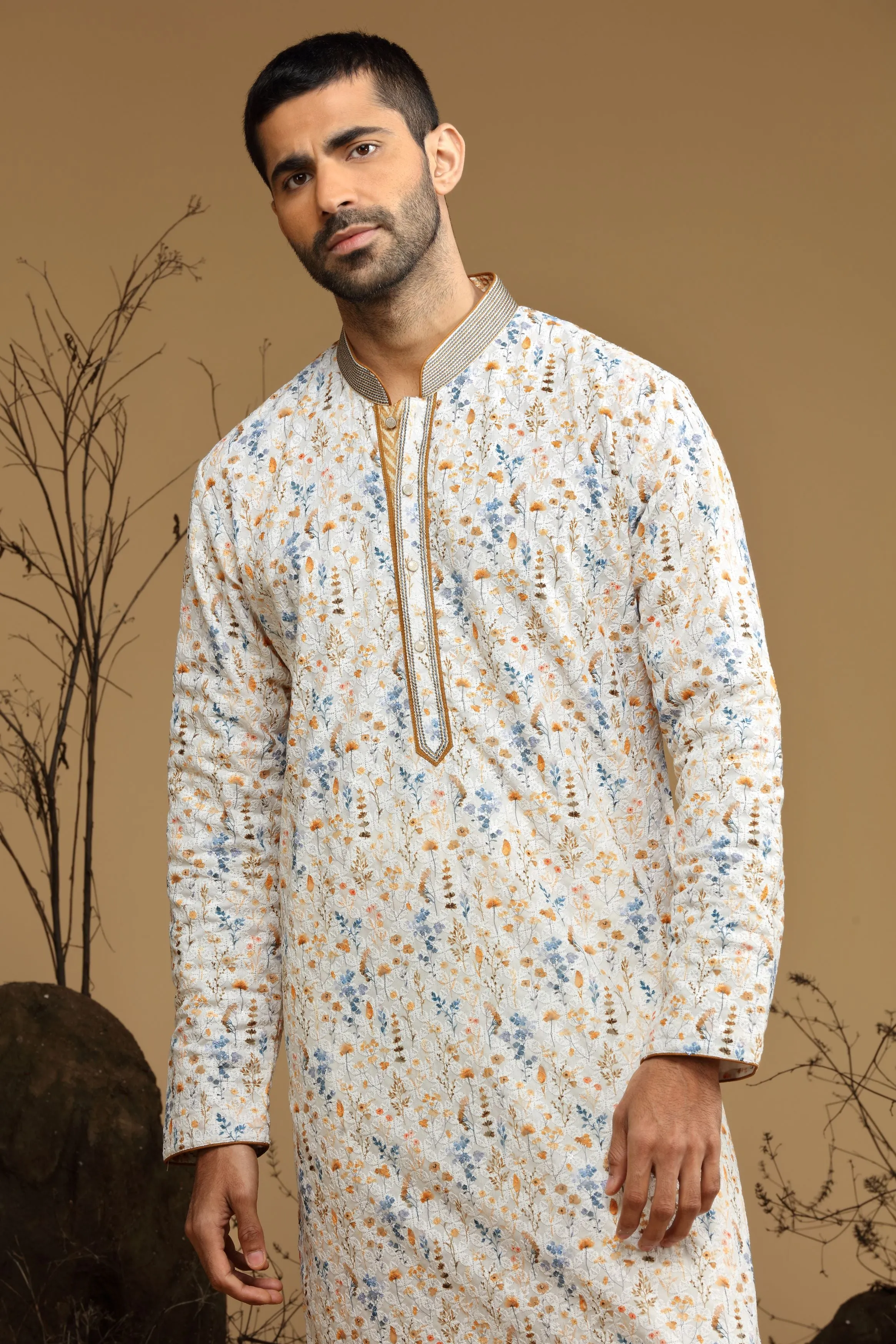 White Floral Yellow Printed Cotton Kurta Set Designed by Kora (Nilesh Mitesh)