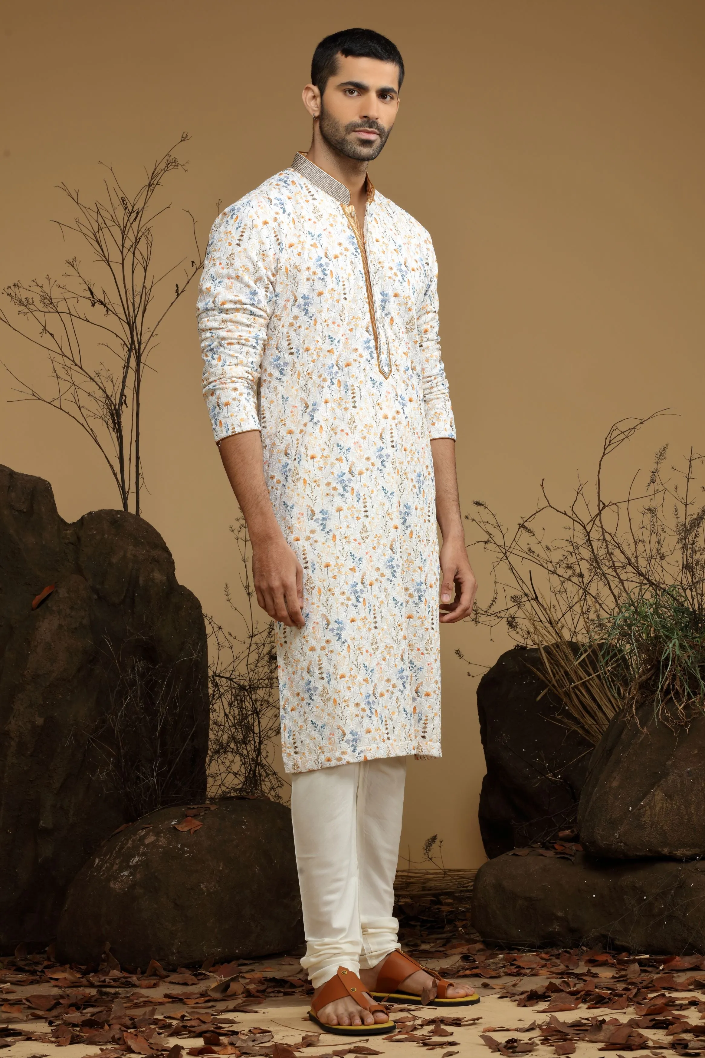 White Floral Yellow Printed Cotton Kurta Set Designed by Kora (Nilesh Mitesh)