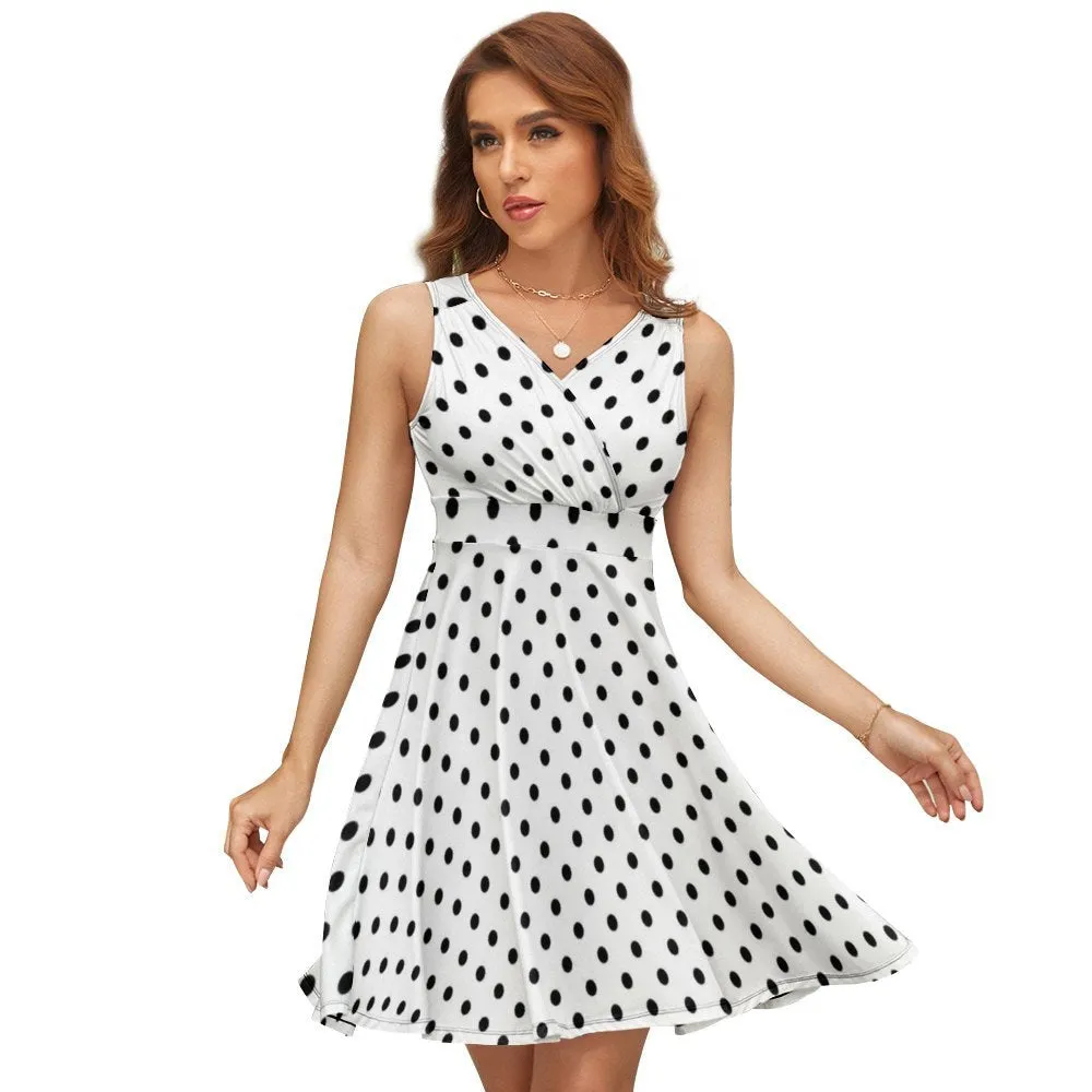 White With Black Polka Dots V-Neck Sleeveless Dress