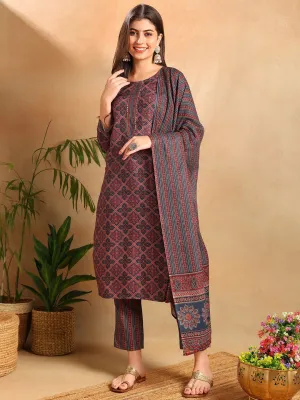 Women Blue Rayon Blend Ethnic Motifs Printed Straight Kurta Trousers With Dupatta