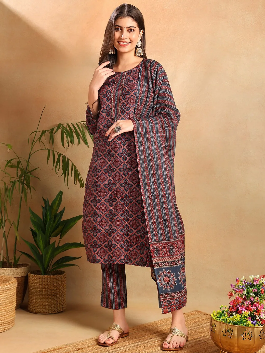 Women Blue Rayon Blend Ethnic Motifs Printed Straight Kurta Trousers With Dupatta