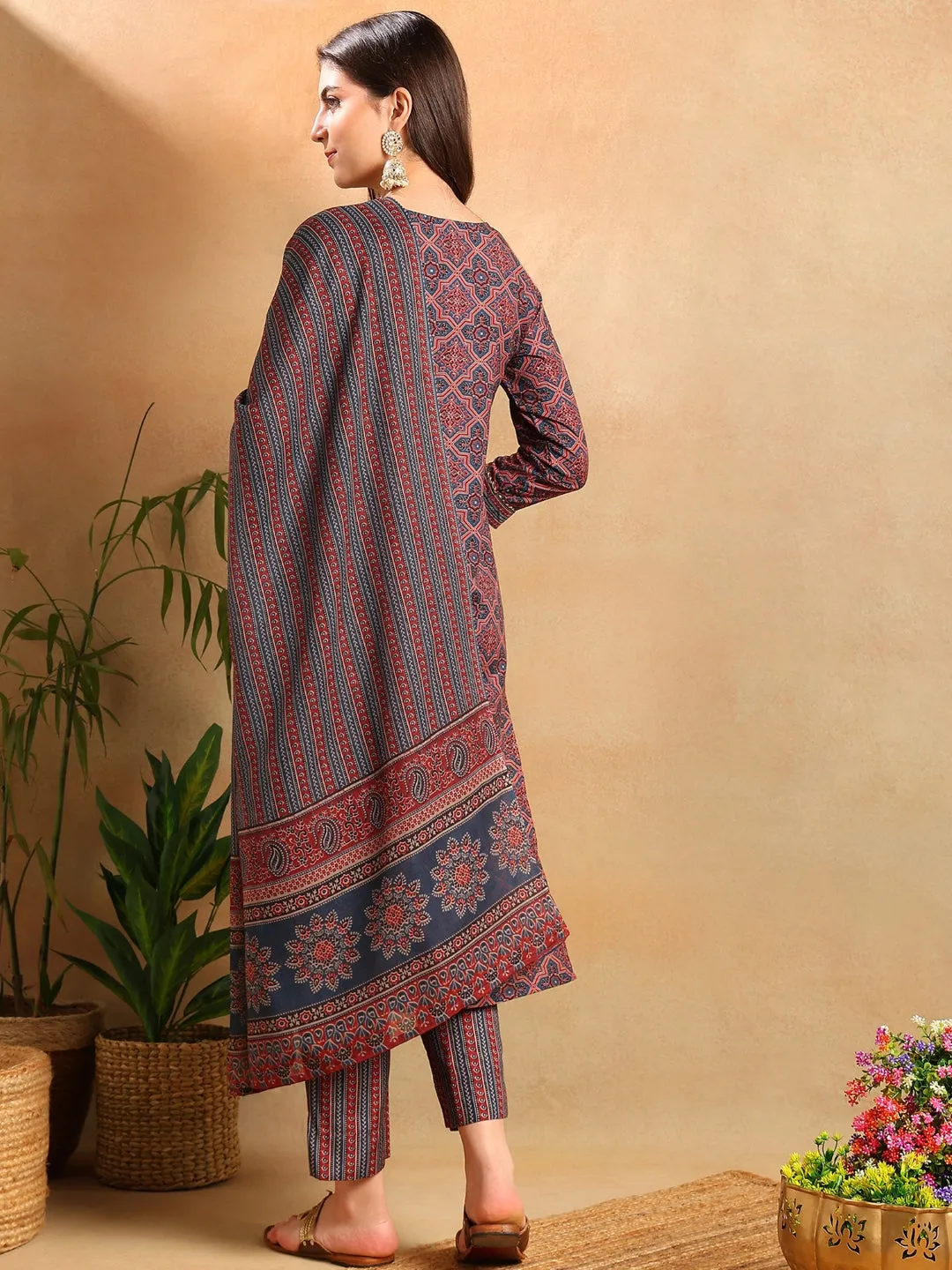 Women Blue Rayon Blend Ethnic Motifs Printed Straight Kurta Trousers With Dupatta