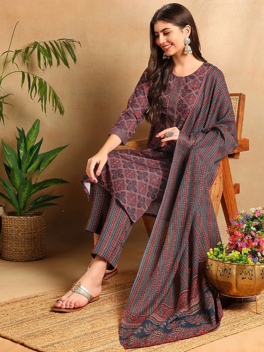 Women Blue Rayon Blend Ethnic Motifs Printed Straight Kurta Trousers With Dupatta