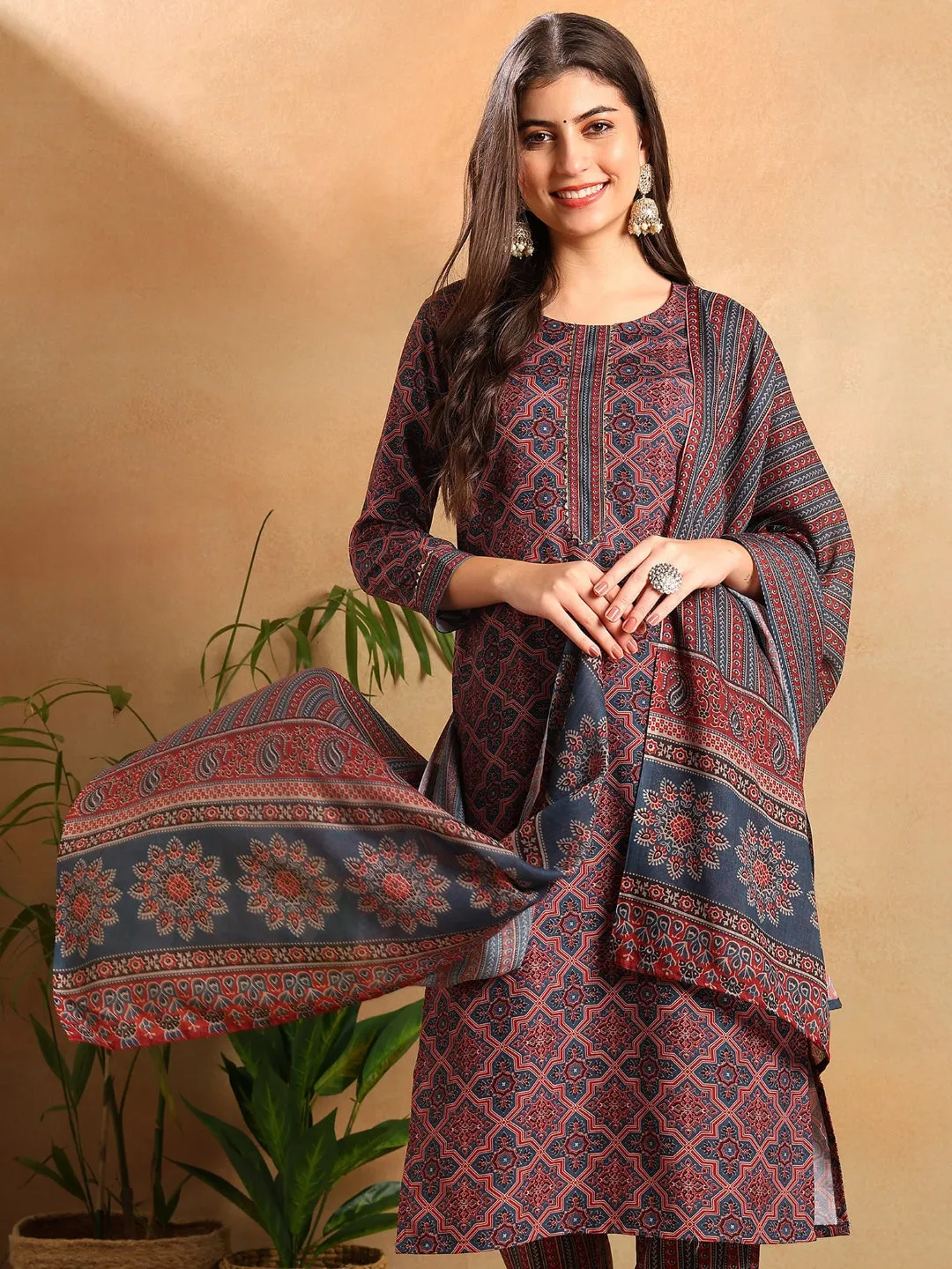 Women Blue Rayon Blend Ethnic Motifs Printed Straight Kurta Trousers With Dupatta