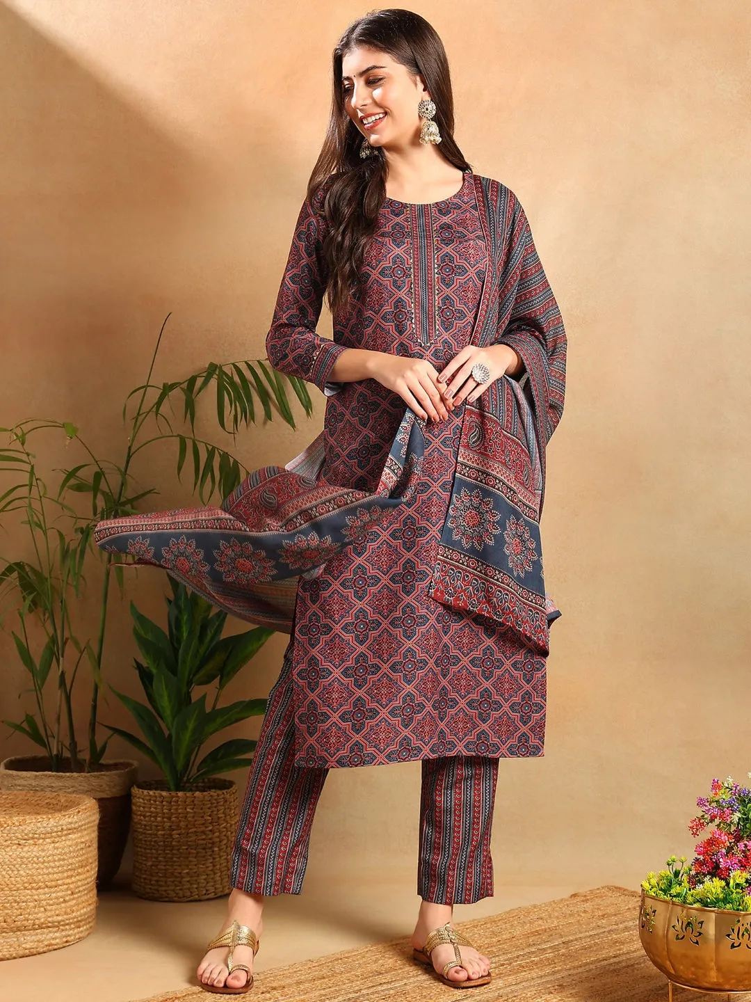 Women Blue Rayon Blend Ethnic Motifs Printed Straight Kurta Trousers With Dupatta