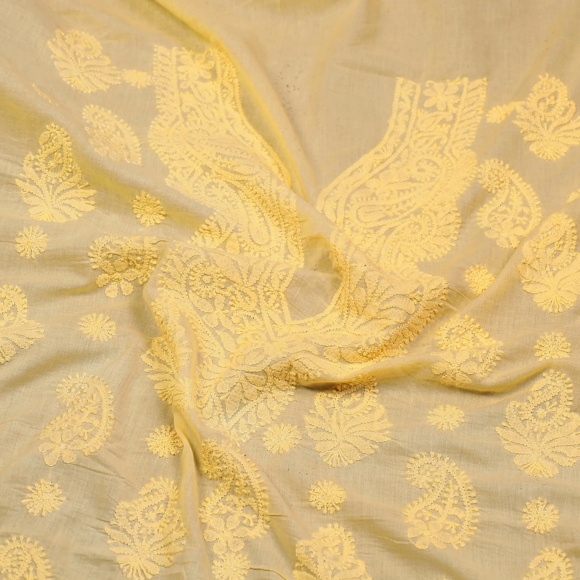 Yellow - Lucknow Chikankari Hand Embroidery Mul Cotton Kurta Material - 2 Meter