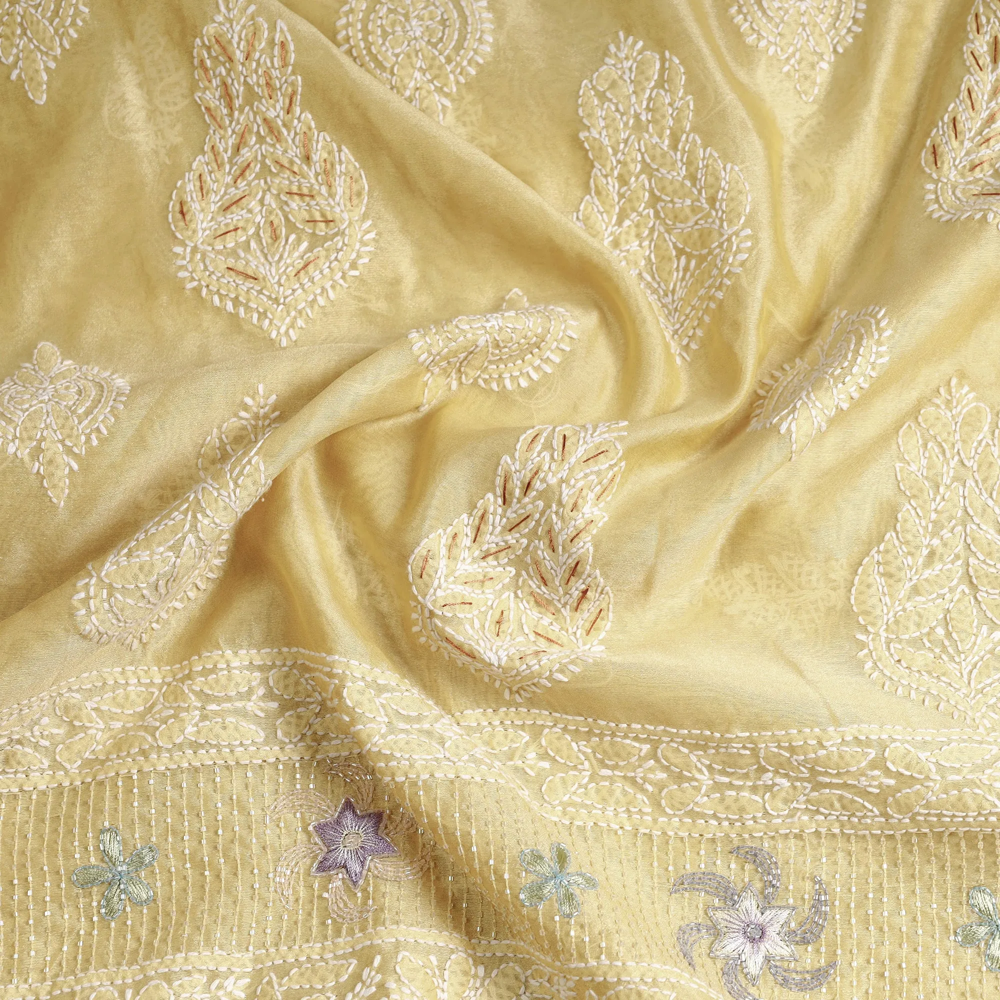 Yellow - Lucknow Chikankari with Parsi Style Embroidery Chanderi Silk Kurta Material - 3.2 Meter