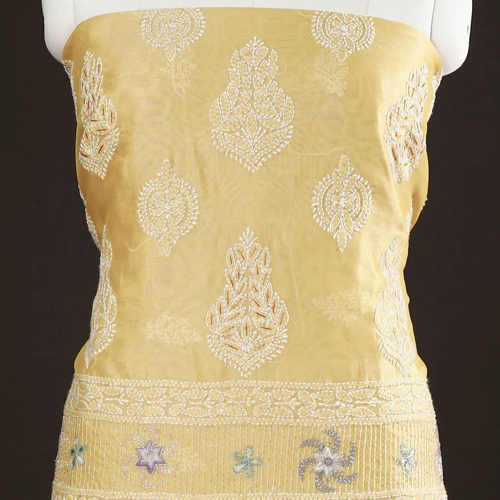 Yellow - Lucknow Chikankari with Parsi Style Embroidery Chanderi Silk Kurta Material - 3.2 Meter