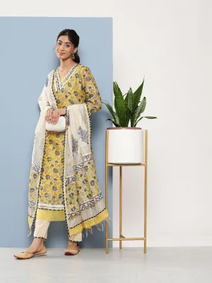 Yellow Pure Chanderi Kurta Pant Set With Dupatta